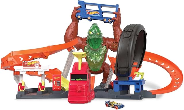 Hot Wheels City Toxic Gorilla Slam - Gas Station & Repair Shop with 1:64 Scale Car - Adjustable Launcher - Connects to Other Sets - Gift for Kids 5+