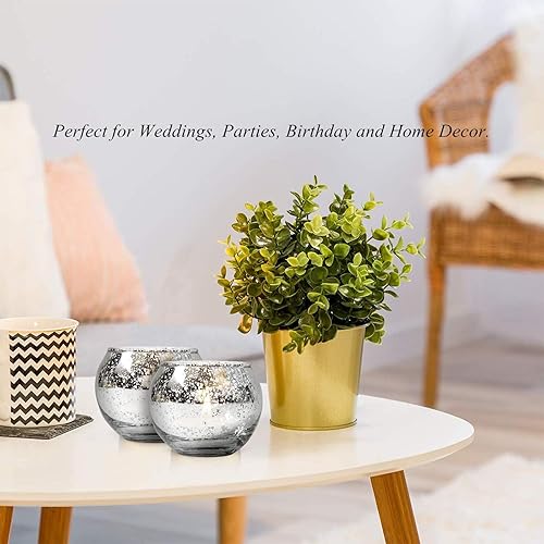 Vista 4 de Tebery Paquete de 12 portavelas votivas redondas plateadas, portavelas de cristal de 2 pulgadas para centro de mesa, decoración de boda, fiesta