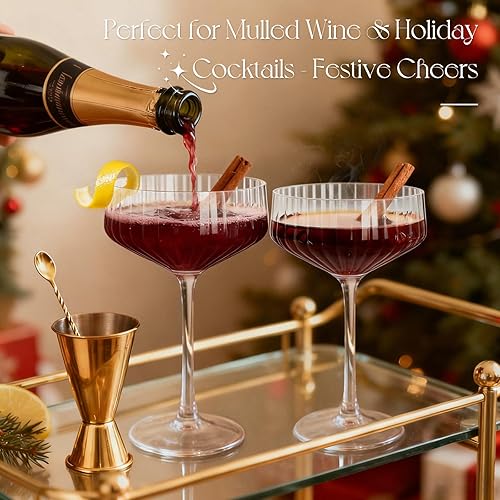 Miniatura 4 de Copas Coupé, juego de 4 copas de Martini de 10 onzas acanaladas para cóctel de Martini, vino, champán, expreso, estilo retro de cristal para bebidas