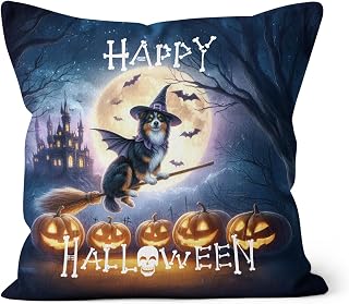 Happy Halloween Australian Shepherd Witch Pumpkins Bats Pillow Cushion Double Sided Aussie Dog Lover Gifts Throw Pillowcases 13012