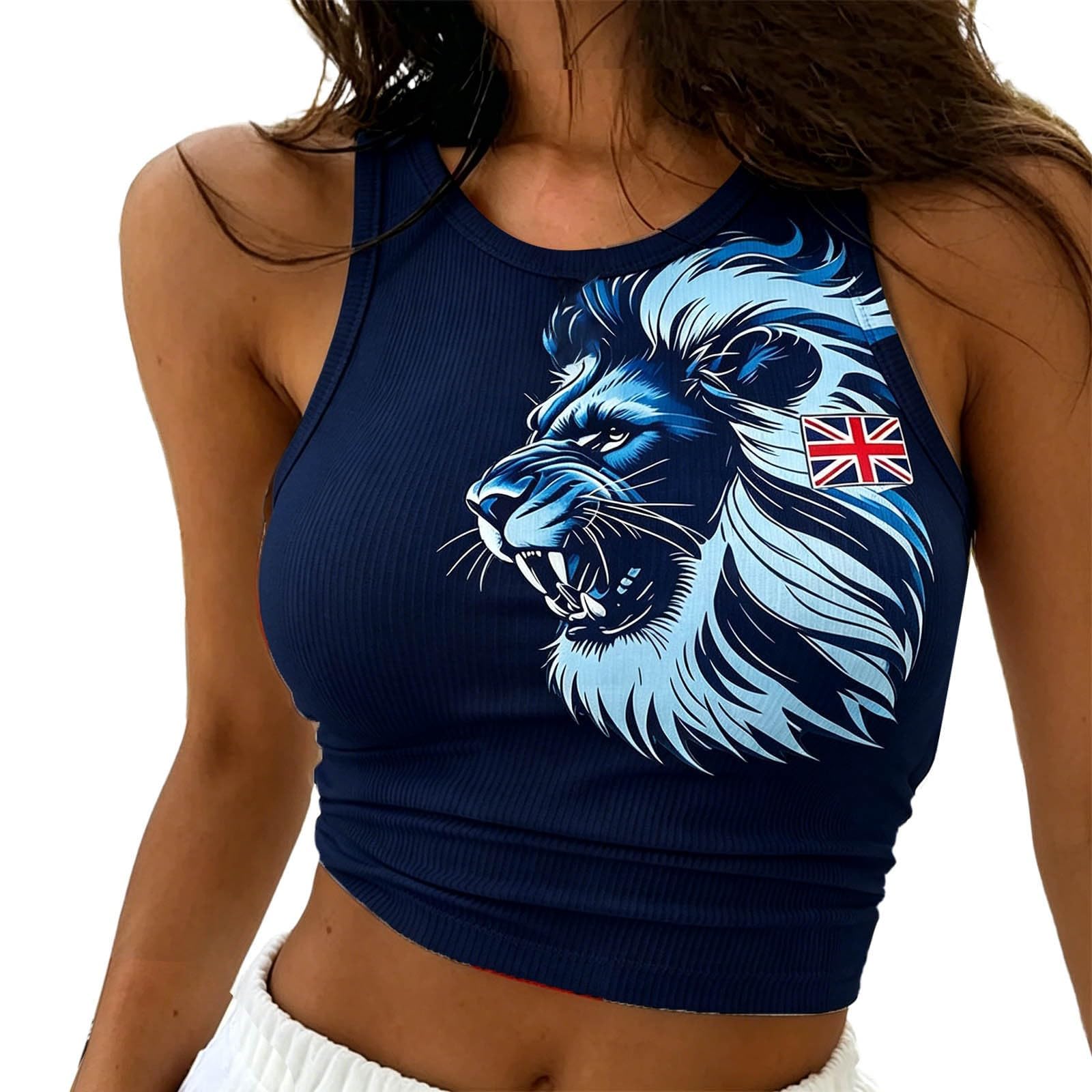 Crop Tops for Women 2026 England Football Shirt Team Graphic Sleeveless Racerback Ribbed Cropped Tank Top Casual Wear Perfect Present for Football Lovers Day Outdoor Gatherings S-XXL (a-Navy, XXL)