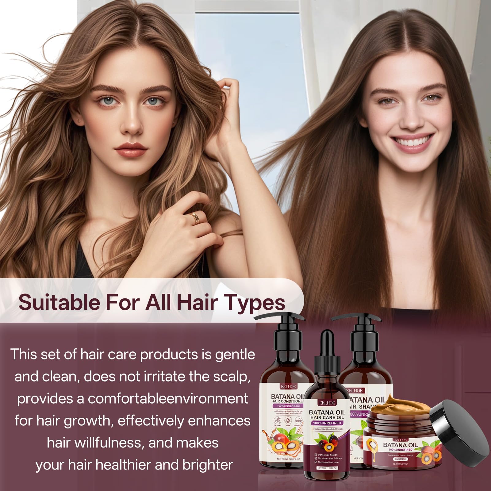 batana Traitement à l'huile pour cheveux 4 pièces, shampoing et après-shampooing, huile pour croissance des cheveux, crème capillaire