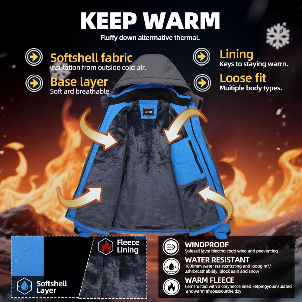 LZLER Winterjacke Herren Skijacke Wasserdicht Windbreaker Kapuze