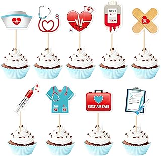36 Pcs Medical Theme Toothpick Cupcake Toppers, Mini Doctor Nurse Party Picks with 9 Designs for Graduation, Hospital Birthday, Clinic Decorations, Cakes, Drinks, and Dessert Table Decor