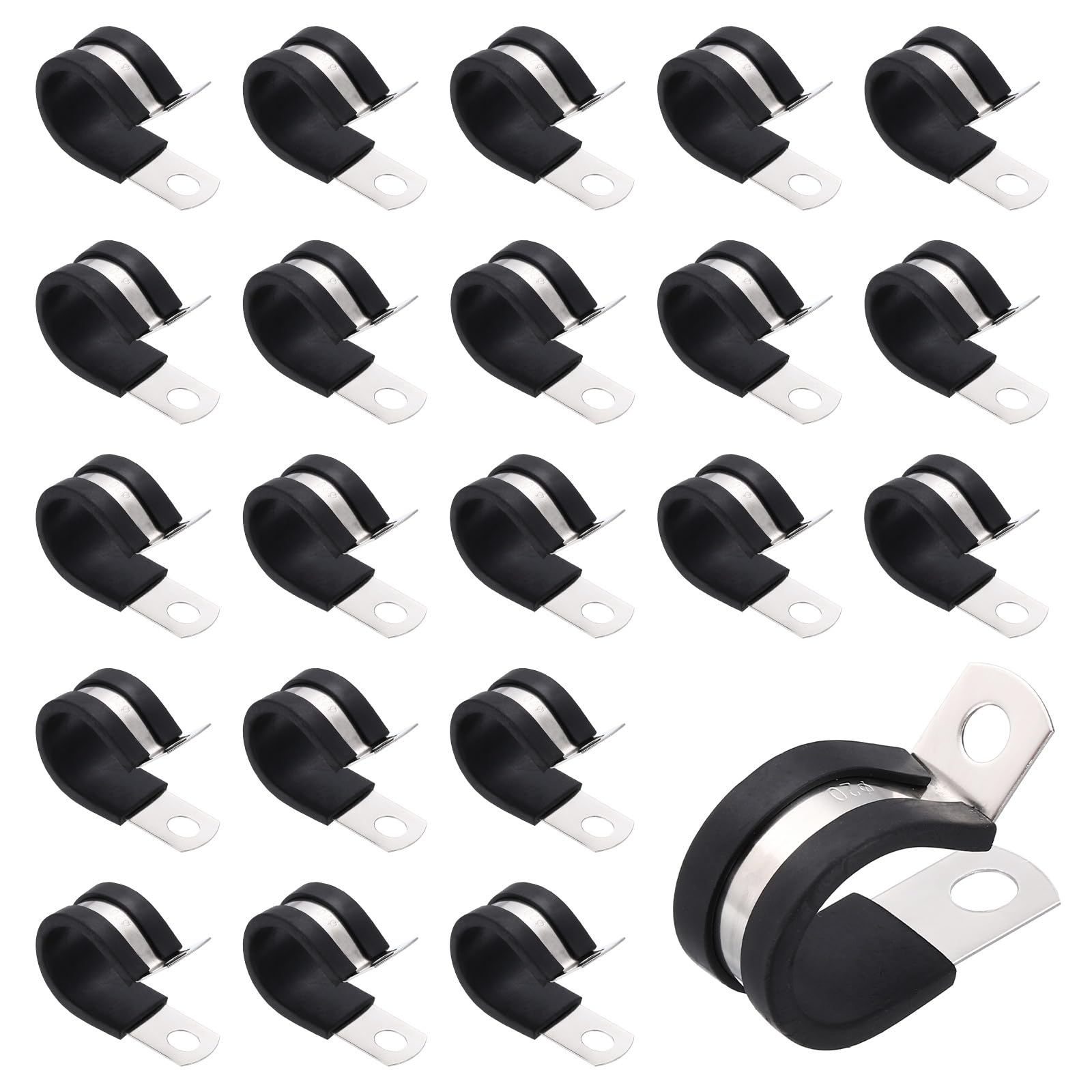 Kozelo Stainless Steel Cable Clamp - [20 mm / 13/16"] 100pcs EPDM Rubber Cushioned Pipe Clamp, Conduit Wire Strap Clip for Industrial Household Installation Pipe