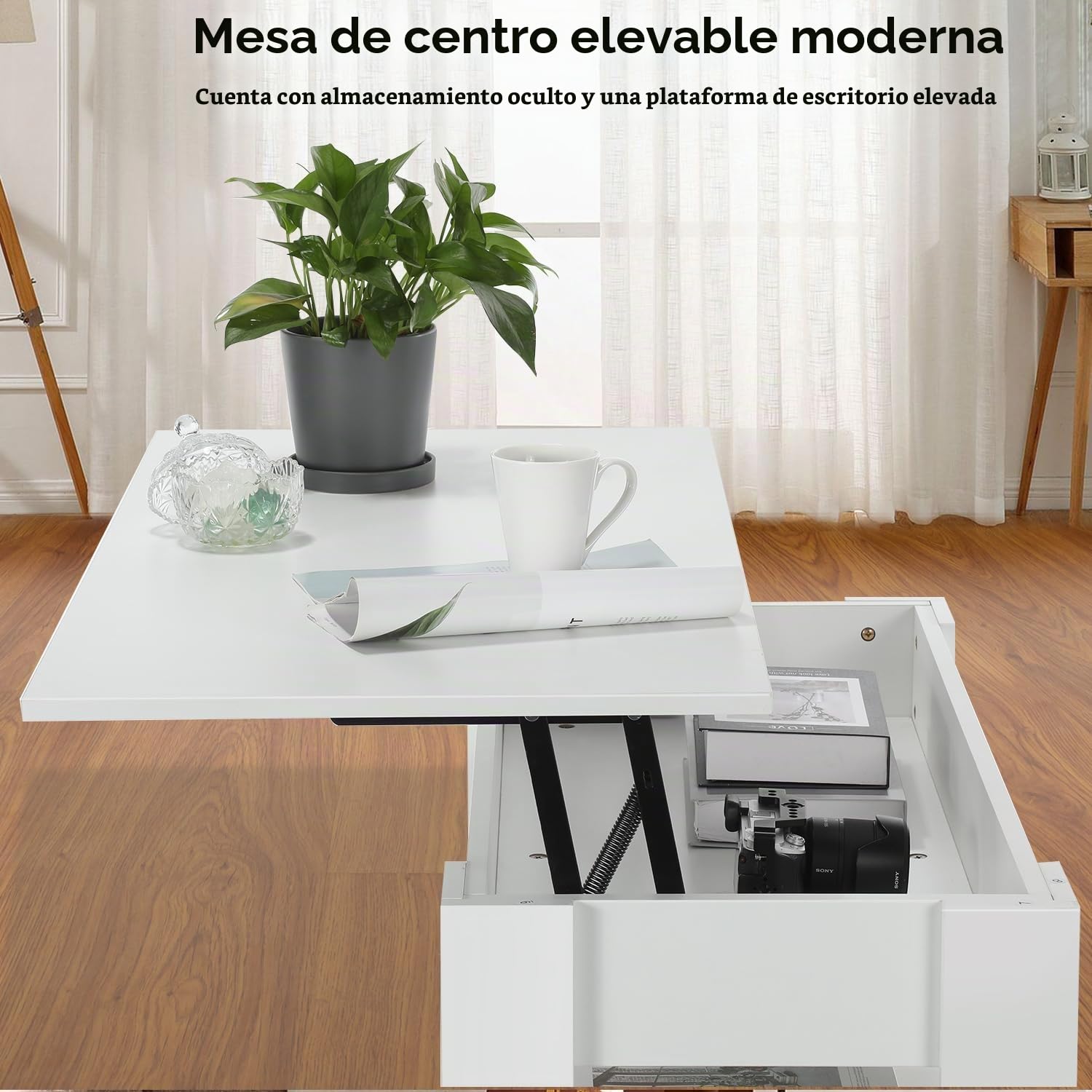 Mesa de Centro Elevable y Extensible, Mesa de Salón o Comedor Mesita Cafe con Almacenaje y Estante Almacenamiento Oculto Modernos Blanco 98x50x(42-56) cm
