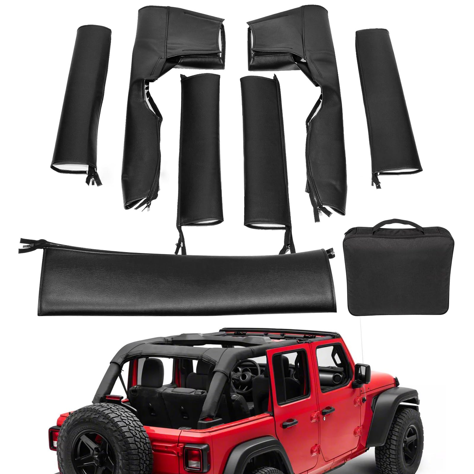 KAKSEY Roll Bar Cover Padding Protectors, Compatible with Jeep Wrangler JL Unlimited 2018-2024 JLU Sahara Rubicon 4 Door, 8PCS Black Leather