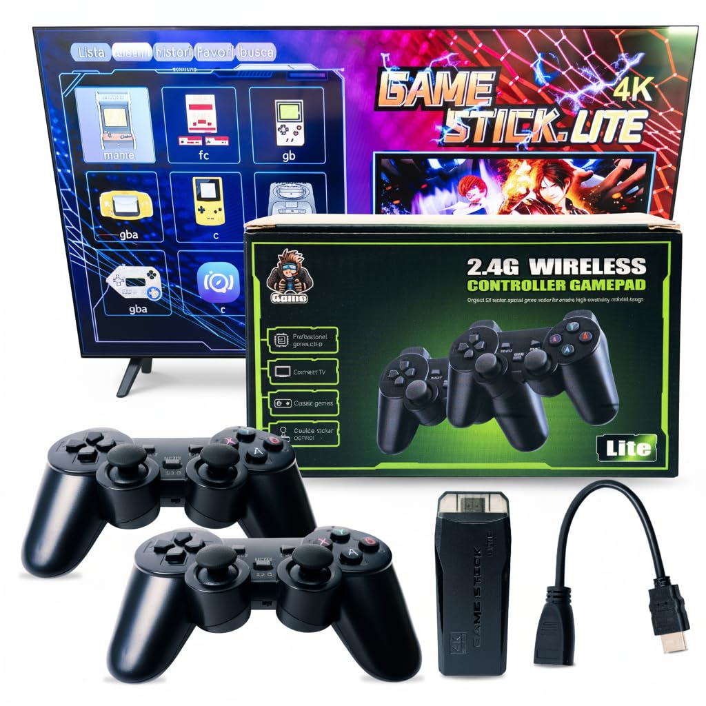 Kulturdenda Game Stick Lite 4K con 2 mandos inalámbricos – Consola retro HDMI con miles de juegos clásicos preinstalados, soporta 4K HD, plug & play, ideal para TV y proyectores