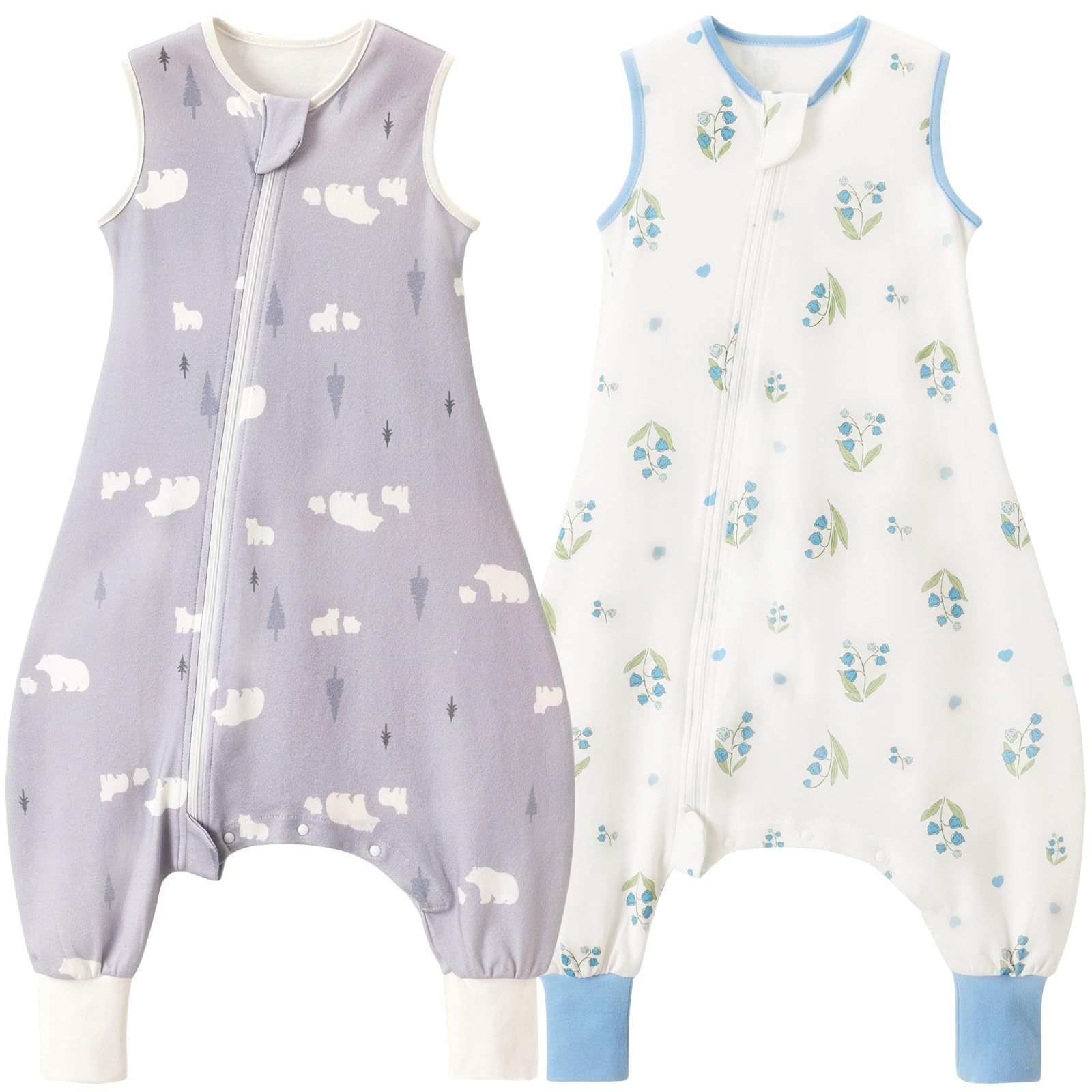 Nivolltha 2 Pack Super Soft Baby Sleeping Bag with Feet 1 TOG, 100% Cotton Spring & Autumn Toddler Sleep Sack, Bear & Bluebell, Size M