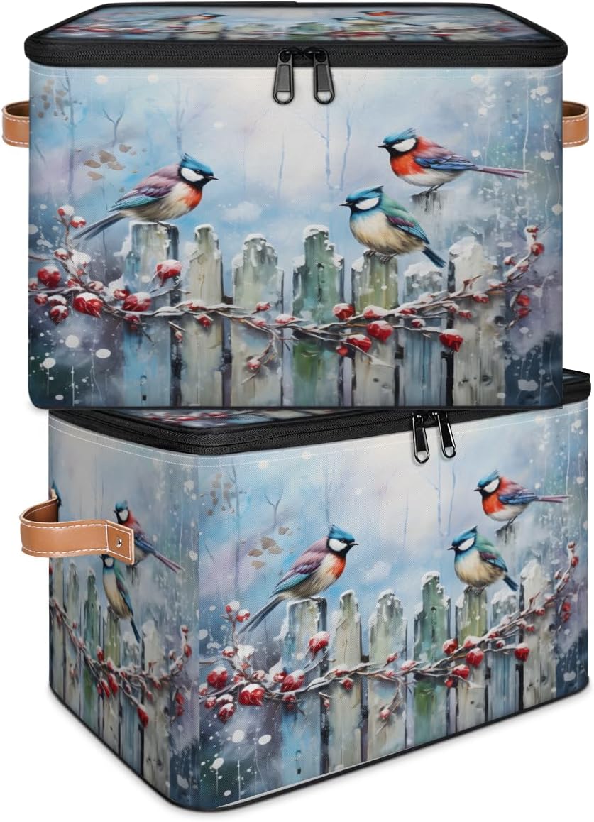 Storage Bin Set of 2 Winter Birds Storage Basket with Zipper Lid & Handle Foldable Closet Shelf 2 Pack Cloth Organizer Basket Cube Bins Clothes Organizer for Nursery, Bedroom