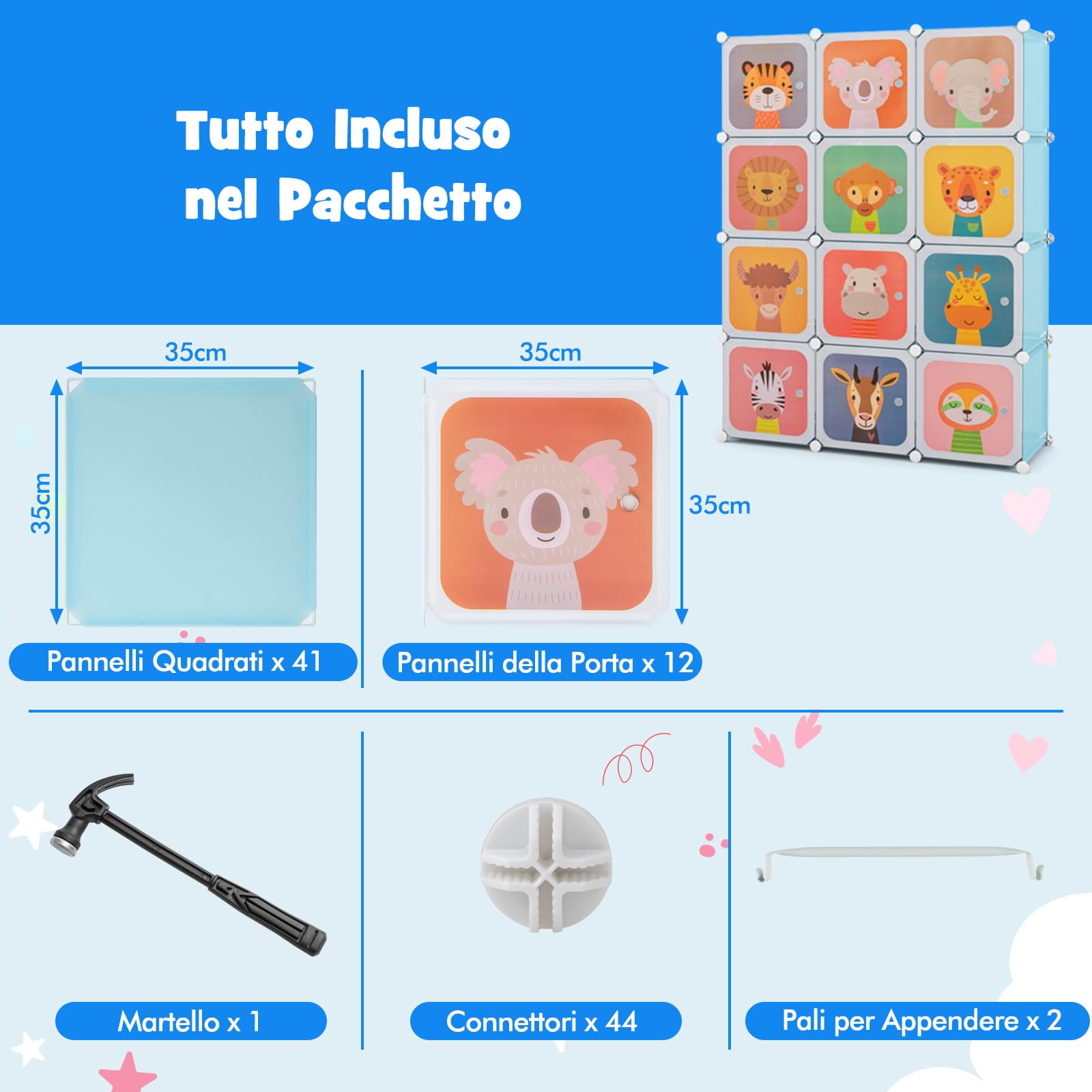 COSTWAY Guardaroba Portatile per Bambini, Armadio Portatile con 12 Cubi, Organizzatore Modulari per Camera dei Bambini Soggiorno, 109 x 35 x 145 cm (Blu)