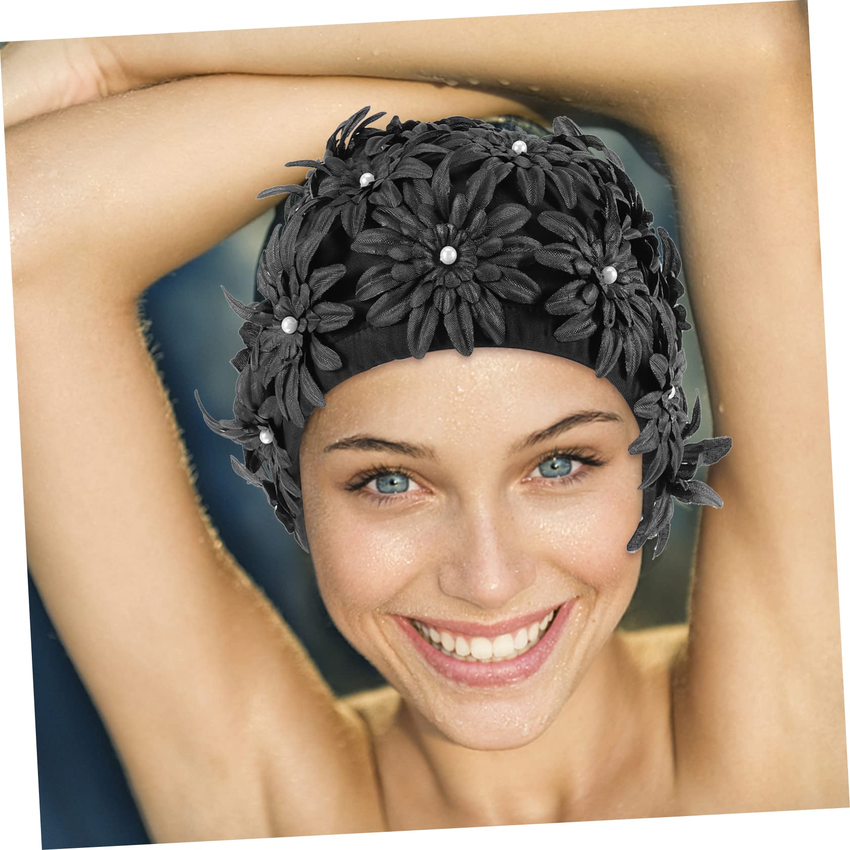 VANZACK Tapa De Natación De Flores Impermeable Nadar Sombrero De Natación Floral Tapa De Natación Impermeable Sombrero De Baño Retro Mujer Gorro De Baño Pelo Largo Brocado Negro