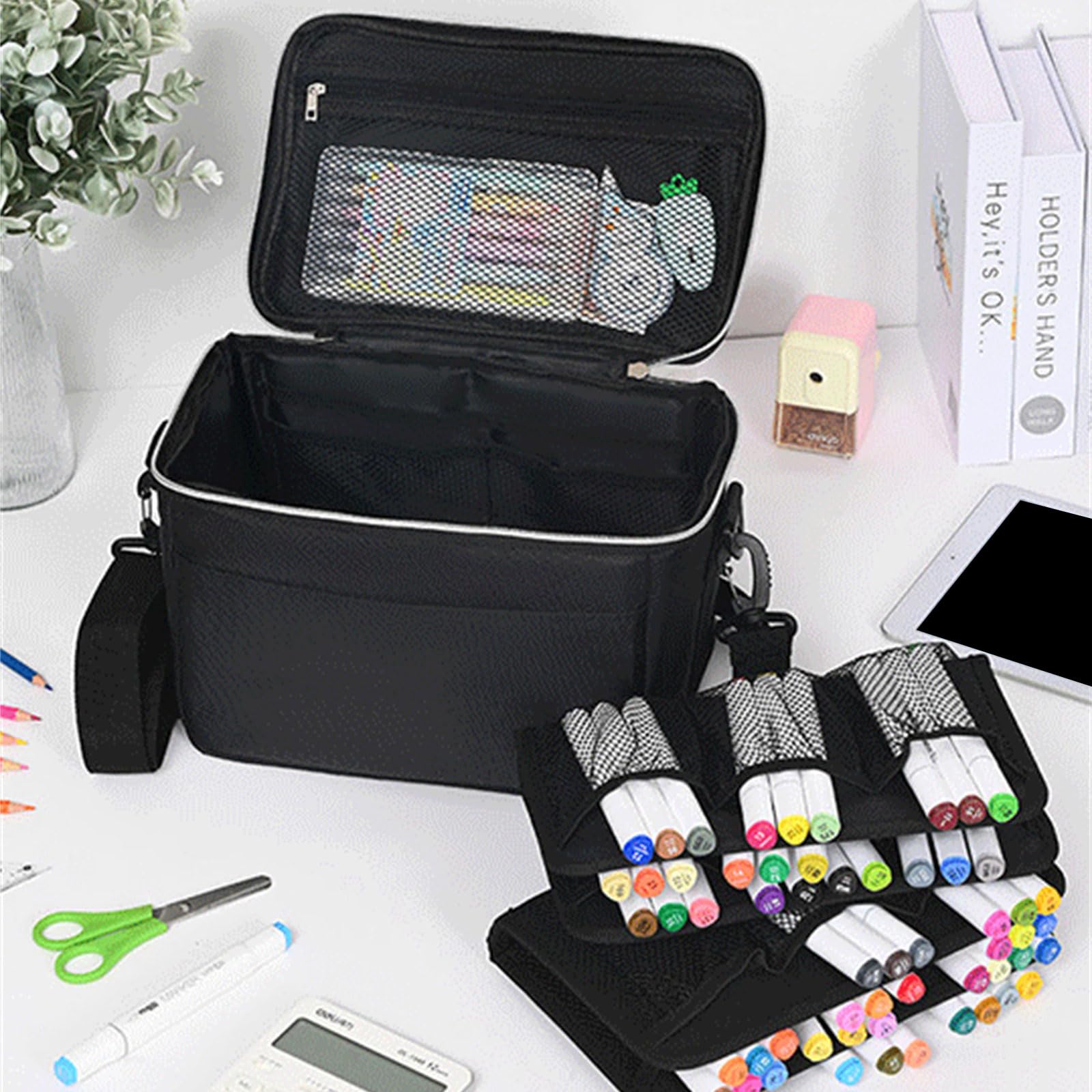 Estuche de transporte multifuncional con 120 ranuras y correa para el hombro, de gran capacidad, para bolígrafos artísticos, bolsa de transporte de gran capacidad