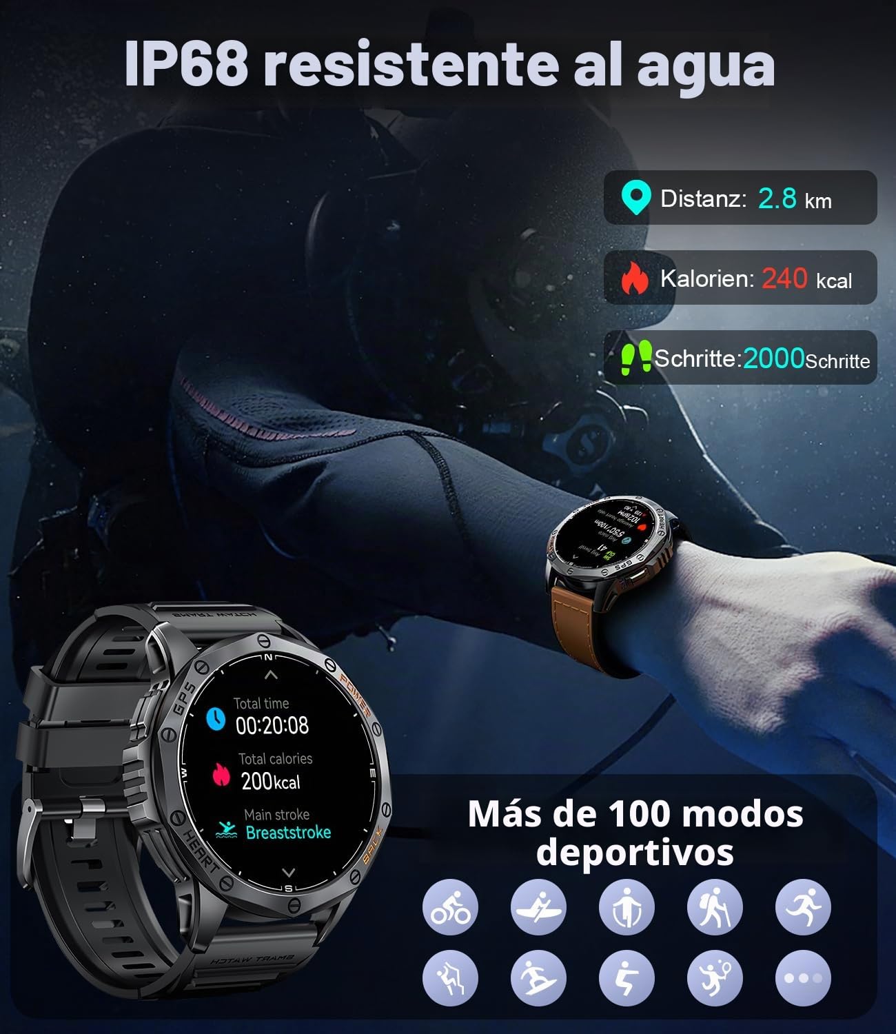 DREMAC DM1 Reloj Inteligente Hombre 48mm,GPS Integrado/Linterna,Reloj Fitness con 70+ Modos Deportivos,Monitor de Salud 24/7,Batería 30 Días,IP68 Impermeable para iOS Android