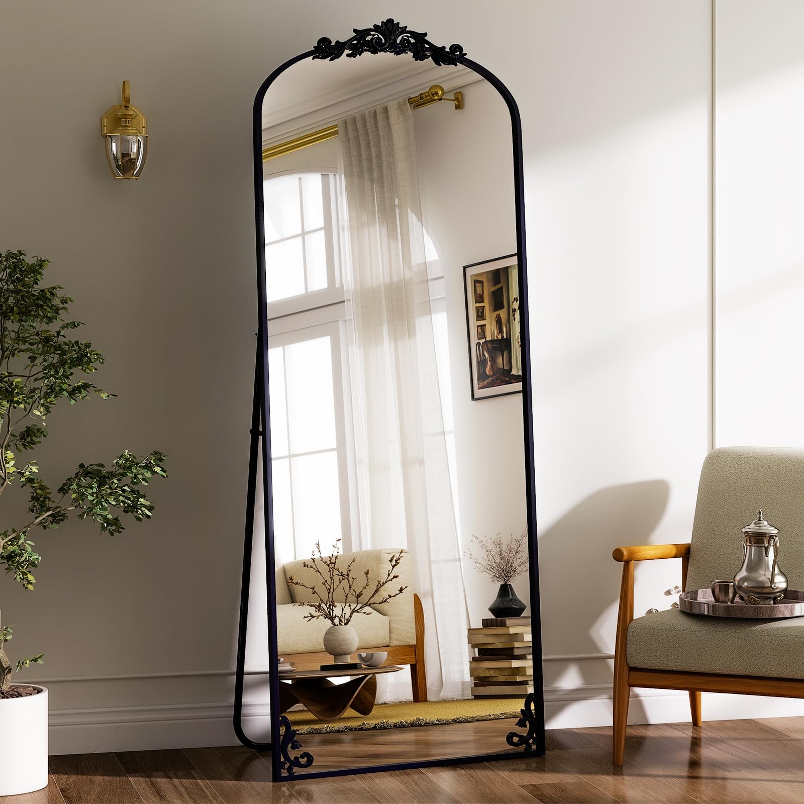 GLSLAND 56"x21"Vintage Full Length Mirror - Large Carved Arched Mirror Baroque Full Body Mirrors for Bedroom Living Room Entryway,Black