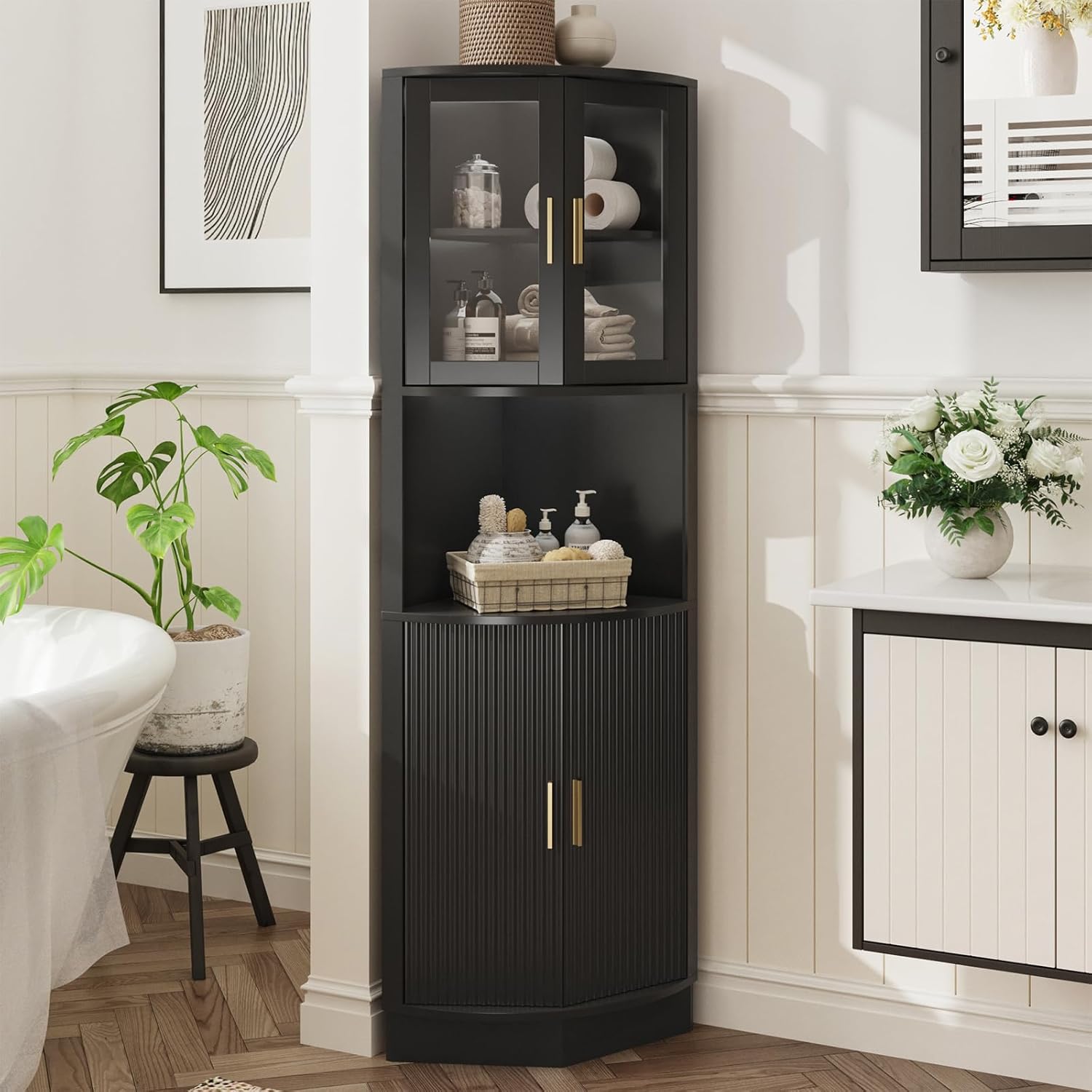 FiveWillowise 64.9" Tall Corner Cabinet, Modern Fluted Storage Cabinet with Glass Door and 5 Storage Shelves, Space Saver for Kitchen, Bathroom, Living Room, Black
