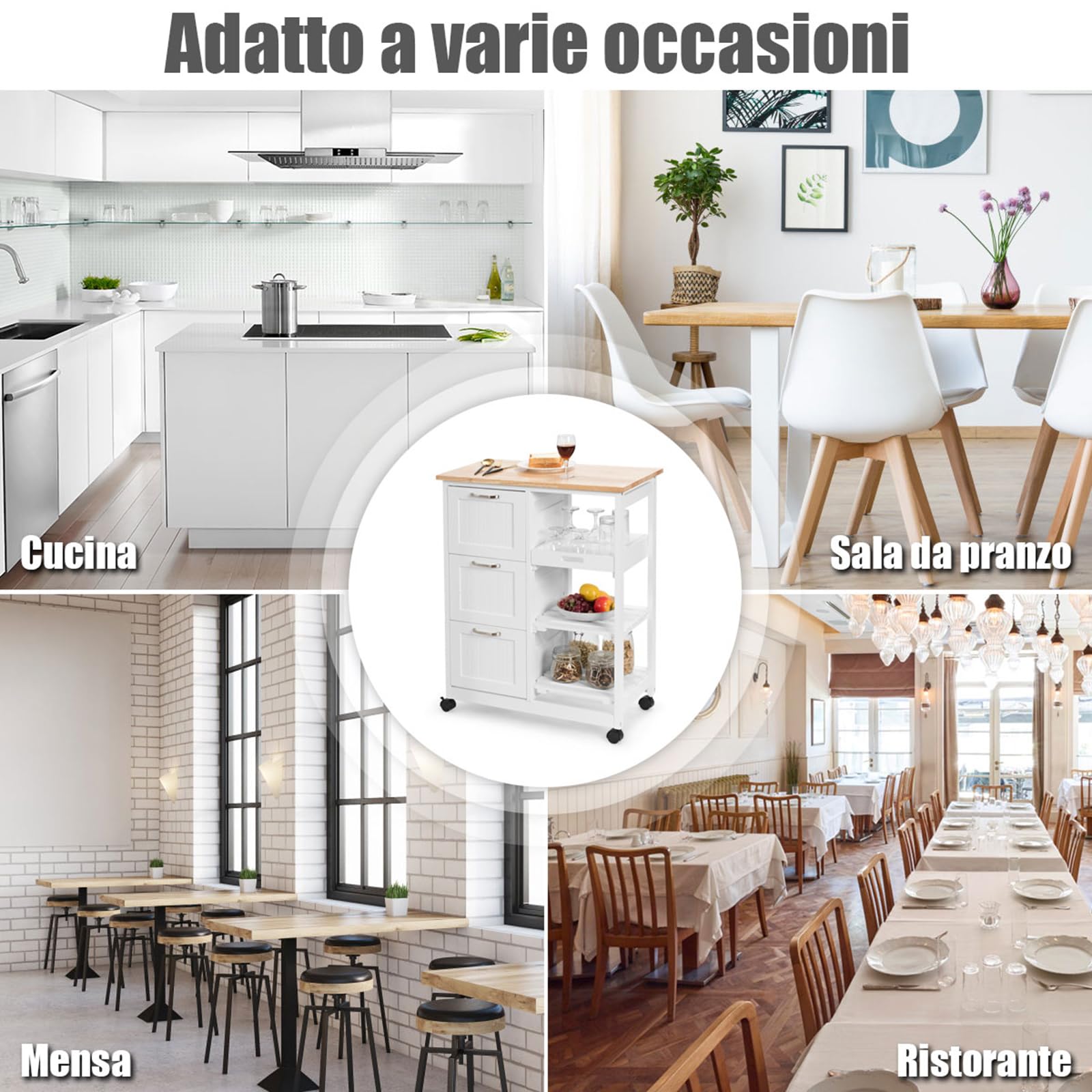 COSTWAY Carrello da Cucina con Ruote, Credenza Cucina con 4 Ripiani e 3 Cassetti, in Legno, Ideale per Cucina Ristorante e Bar, 67 x 37 x 83,5 cm (Bianco)