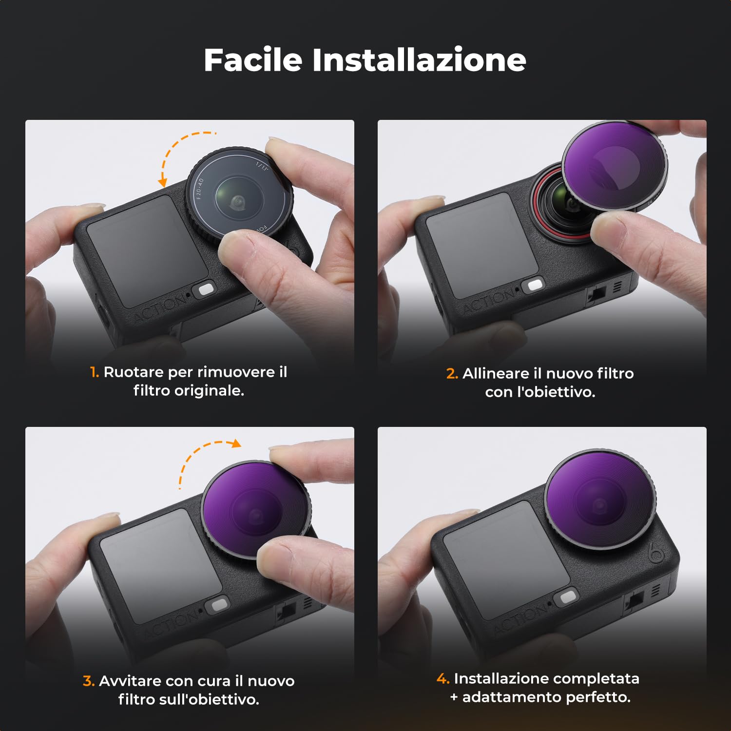 K&F CONCEPT Kit Filtri ND Compatibile con DJI Osmo Action 6, ND8 ND16 ND32 ND64 4Pz Filtri in Vetro Ottico con Rivestimento Multistrato per Controllo Esposizione e Riduzione Luce
