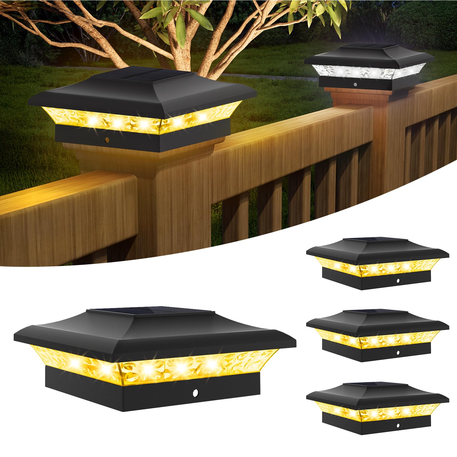 T-SUNUS Luces Solares para Poste Exterior, Farola Solar de Poste 9x9 10x10, Lámparas para Postes Exterior IP65 Resistente para Vallas Madera Plataformas Jardin, 4 Piezas (3000K/6000K)