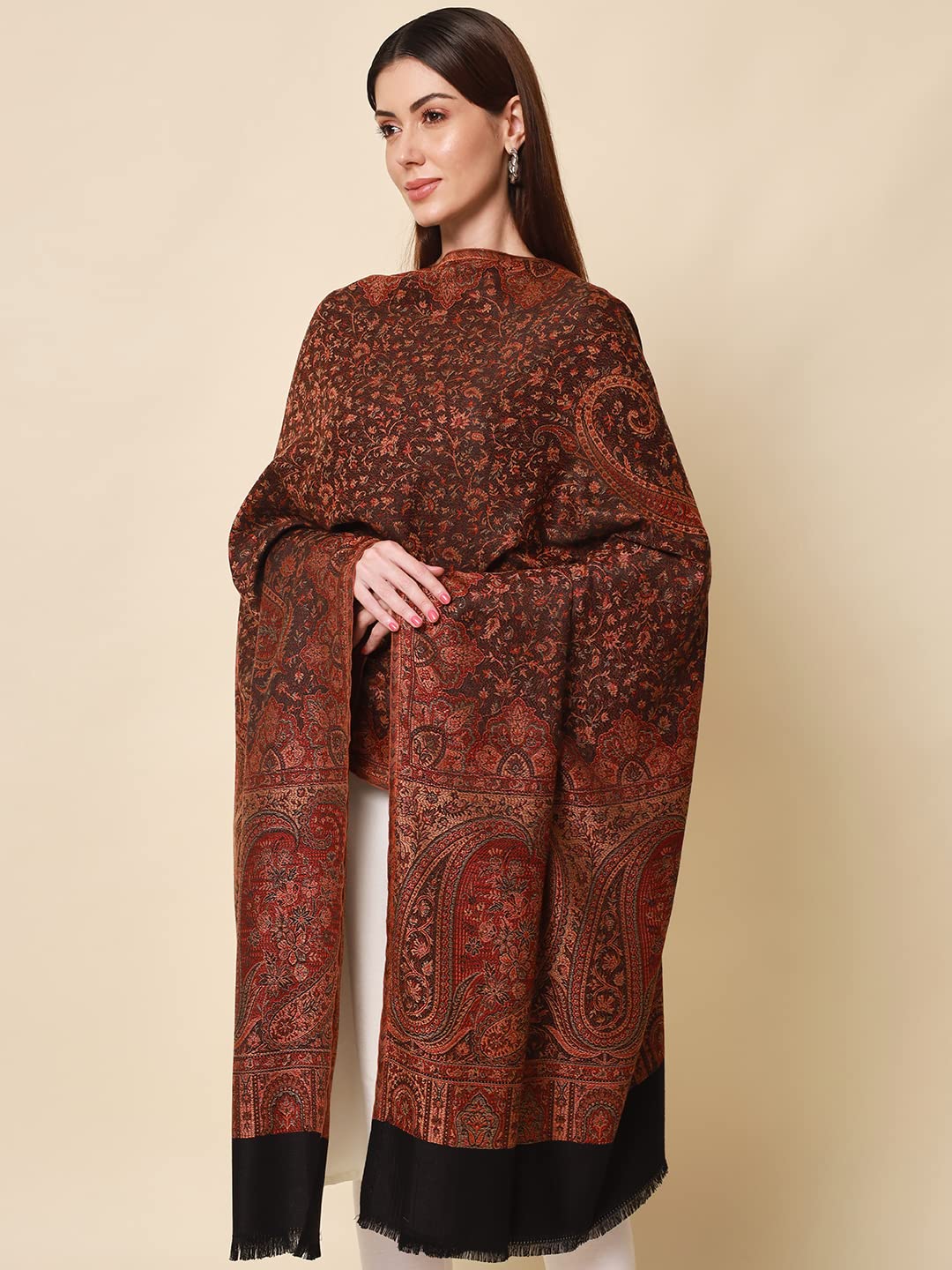 Pashmoda- Women's Faux Pashmina Jamawar Shawl, Wrap (SIZE: 40X80 Inches) (Black) 3