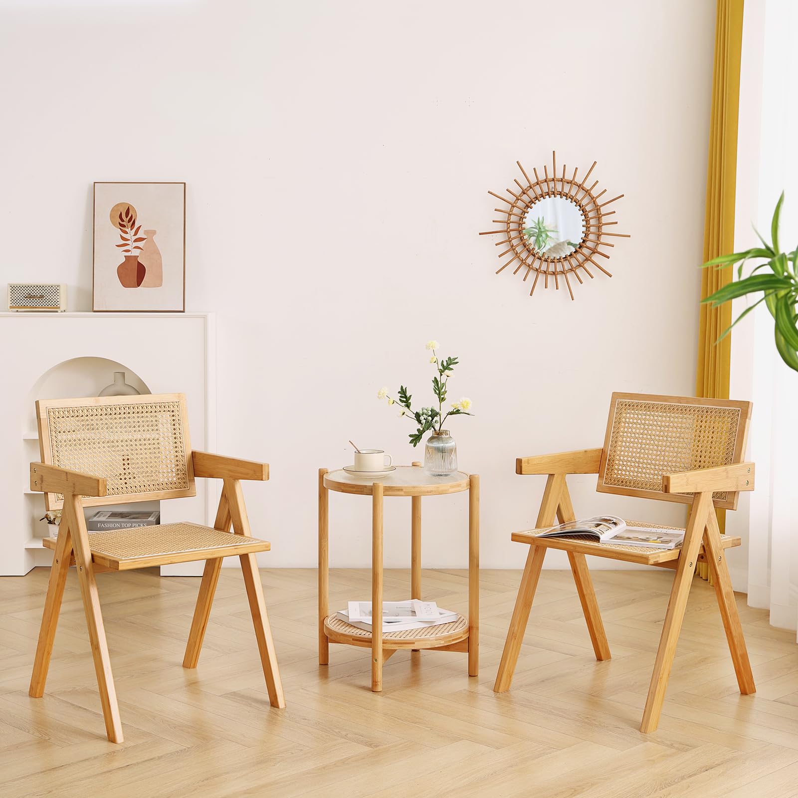 Juego de 2 sillas de comedor de ratán, sillas modernas de mediados de siglo, cómodos sillones de ratán para exteriores con reposabrazos para dormitorio, sala de estar, sala de lectura, comedor 5
