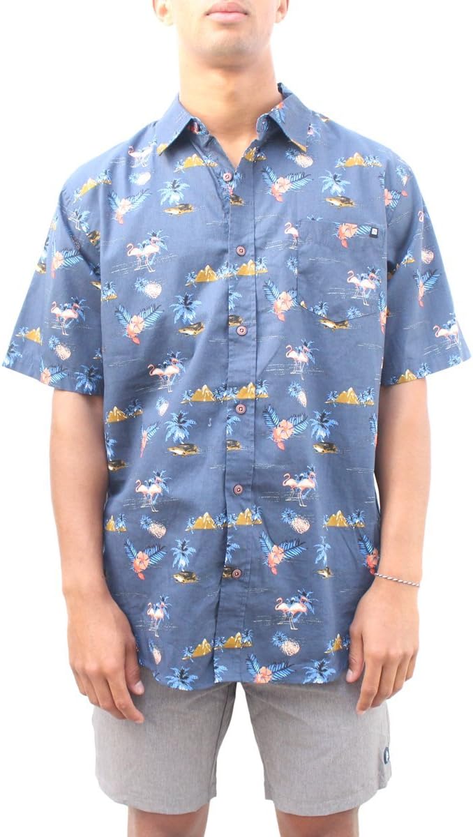 Univibe Mens Printed Hawaiian Button Down Shirt (Large, NavyFlamingo)