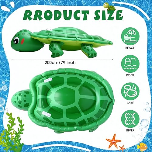 Miniatura 3 de HyDren Flotador inflable extra grande de 79 pulgadas para niños, juguete de piscina de tortuga marina con asas de servicio realista, suministros