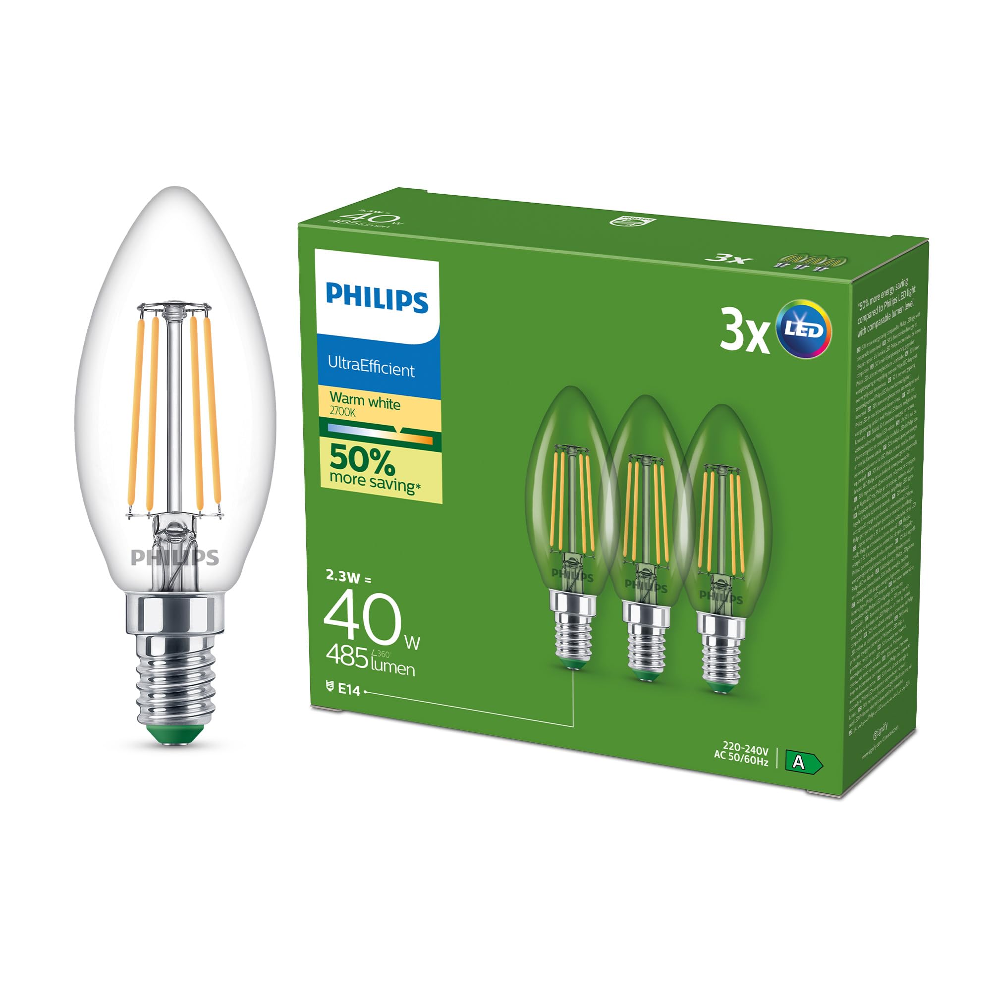 Philips Led Bulb E14 B35 2.3W 485Lm 2700K Filament 3-Pack