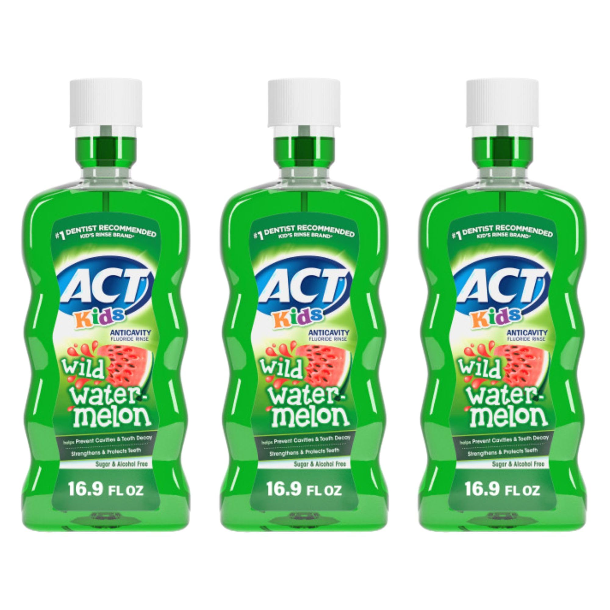ACT Kids Anticavity Fluoride Mouthwash, Sugar &amp; Alcohol Free Mouth Rinse Strengthens Teeth, Wild Watermelon, 16.9 Fl Oz (Pack of 24)