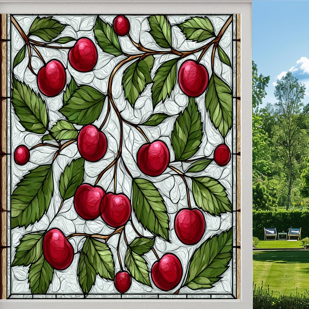 Farmhouse Fruit Privacy Window Film, Cherry Branch Plants Frosted Self-Adhesive Vinyl Cling for Glass Doors Bathroom Windows Sun Blocking Heat Control, （50x100cm）