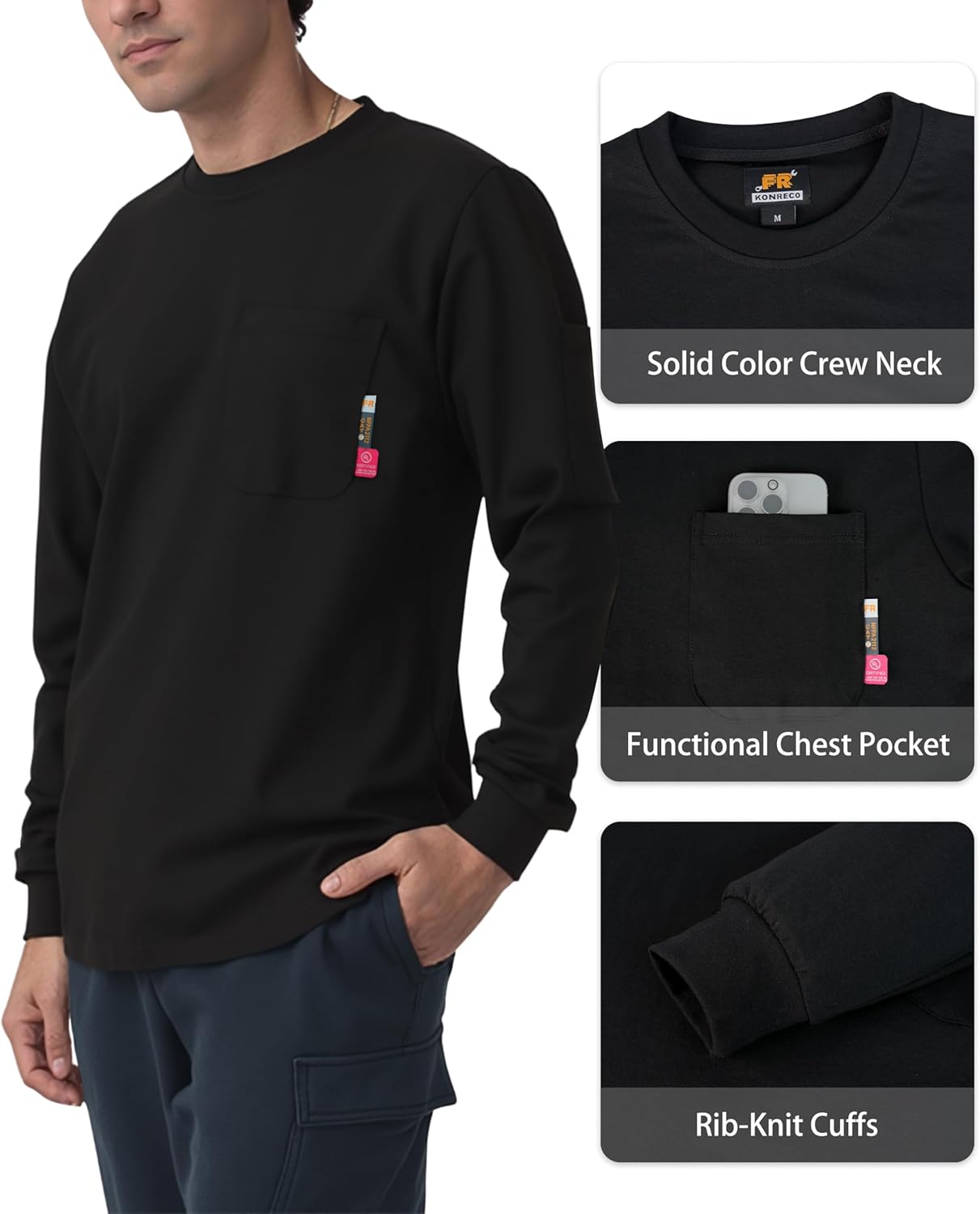 KONRECO FR Shirts for Men Crewneck 6oz Jersey Lightweight Flame Resistant Work T Shirt NFPA2112 CAT2