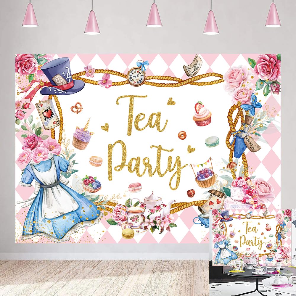 Pink Tea Party Backdrop Wonderland Floral Rabbit Checkerboard Photo Photography Background Women Girl Princess Afternoon Tea Birthday Party Supplies