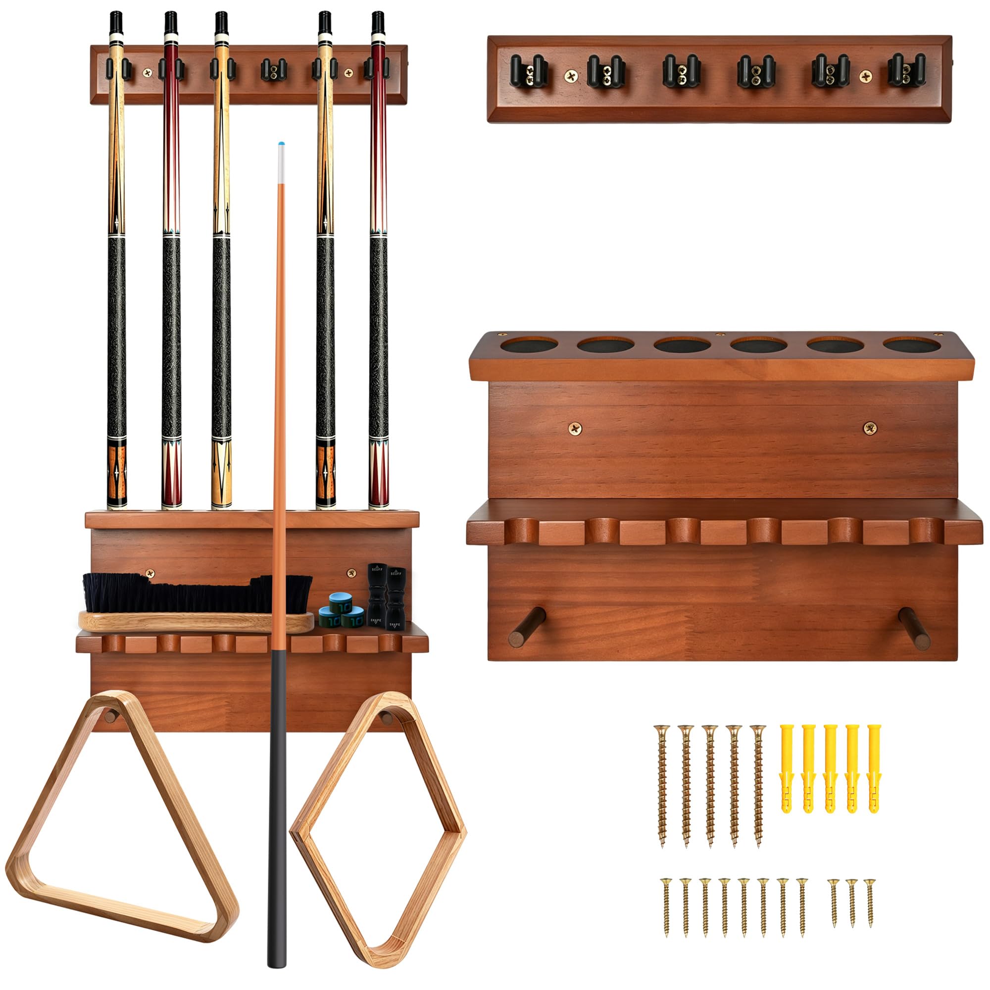 Ohbien Pool Cue Holder Wall Mount, Wooden Billiards Cue Rack For 6 Sticks