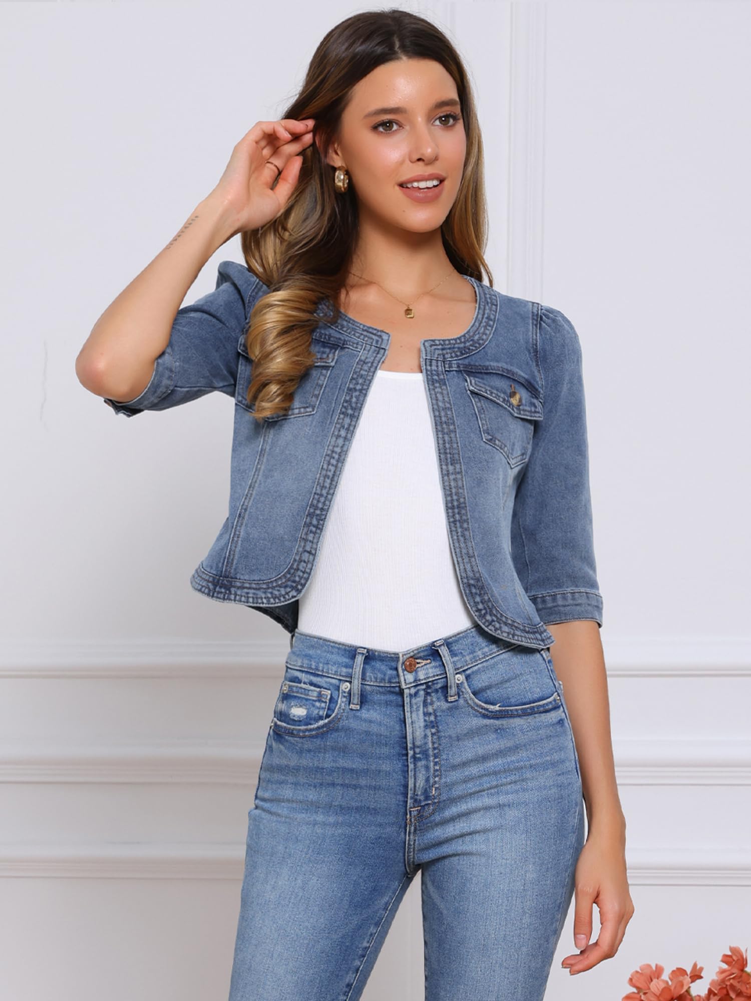 Allegra K Veste en Jean pour Femme Sans Col à Manches 3/4 Devant Ouvert Blouson en Demin Délavé