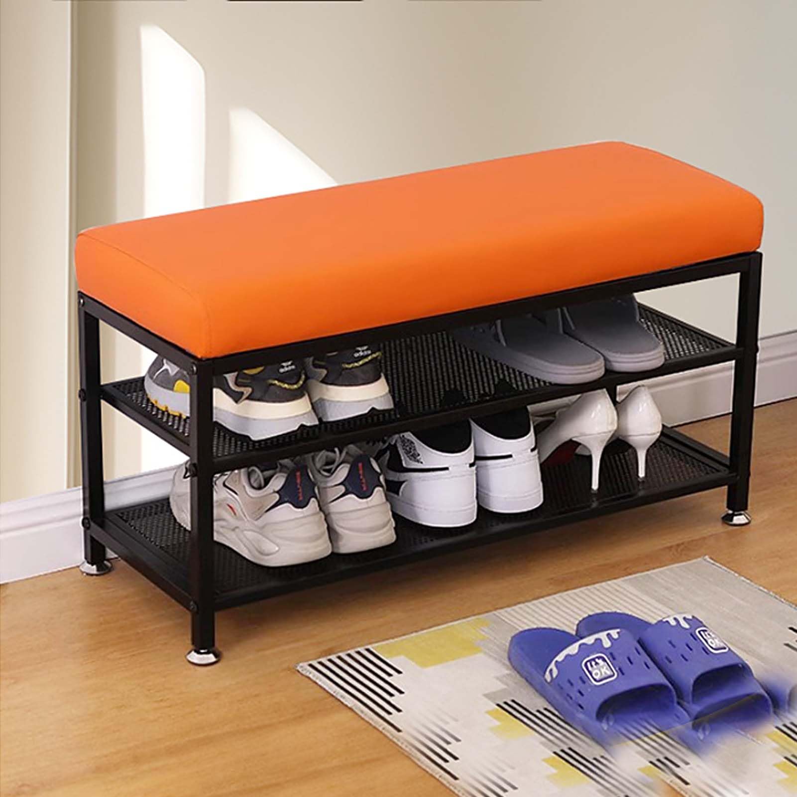 Banc à chaussures en similicuir noir avec meuble de rangement à 2 niveaux pour couloir et entrée