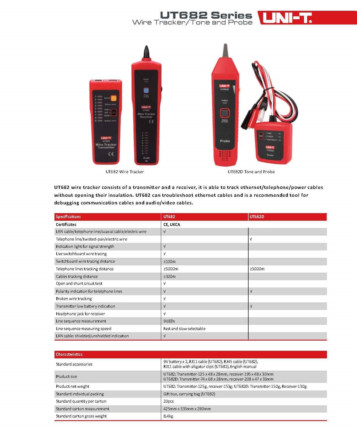 UNI-T UT682D Cable Toner and Probe Kit, Network Wire Tracer with RJ11 Connector, Tone Generator & Probe for Telephone Lines, Cable Tracing, Continuity Test & Polarity Check