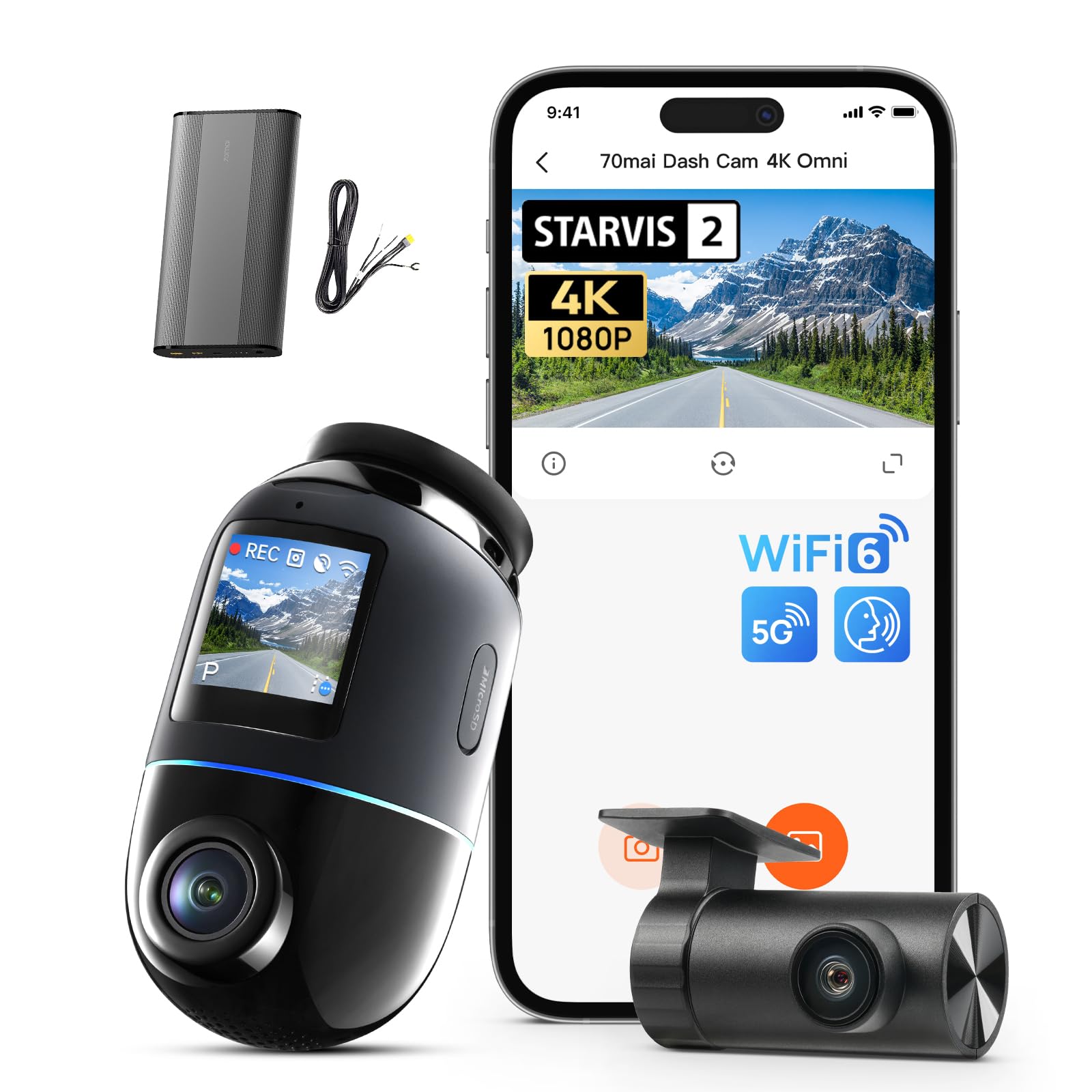 【70mai 4K Omni Dashcam + 128GB SD Karte + Akku Pack BL96NNX】 70mai Dash Cam 4K Omni, 360 Grad Vorne & Hinten mit STARVIS 2 HDR, 4G LTE, AI-Bewegungserkennung, Nachtsicht, GPS WiFi 24H Parkmodus