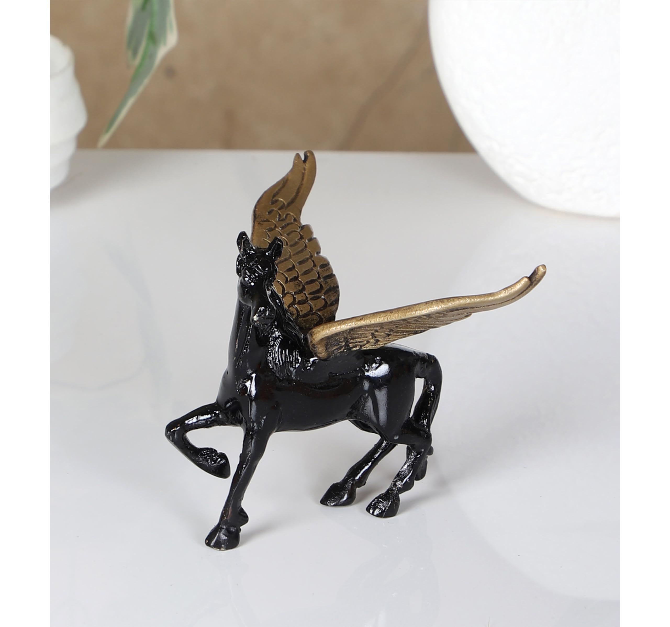 Two Moustaches Flying Angel Brass Horse Showpiece for Home Decor, Pegasus Animal, Feng Shui, Running Horse Statue, Decorative Home Office Showpiece Figurine, Standard, Pack of 1 2