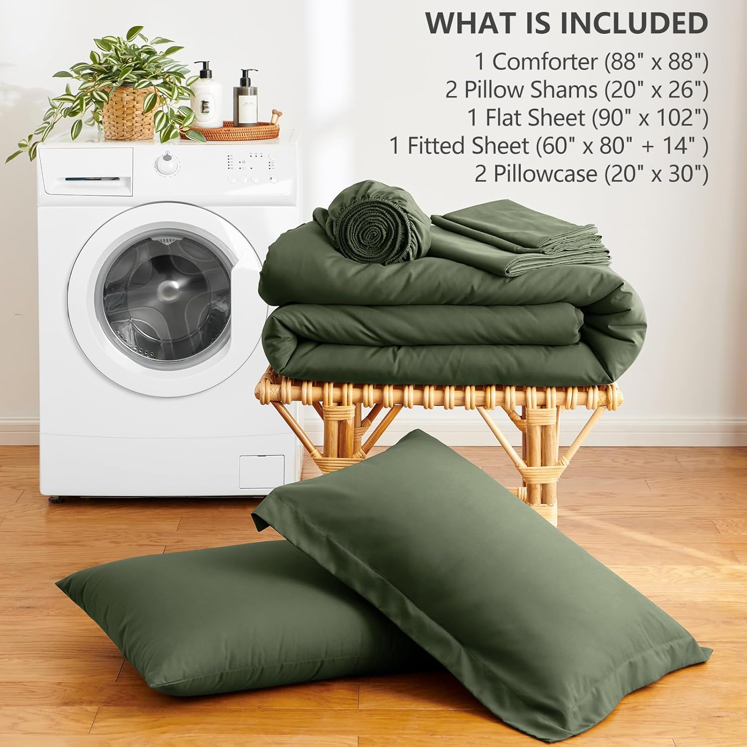 Olive Green Queen Comforter Set, 7 Pieces Bed in a Bag Queen Lightweight Bedding Set, All Season Soft 7PC Bed Set with Comforter, Flat Sheet, Fitted Sheet, Pillowcases & Pillow Shams - Image 6