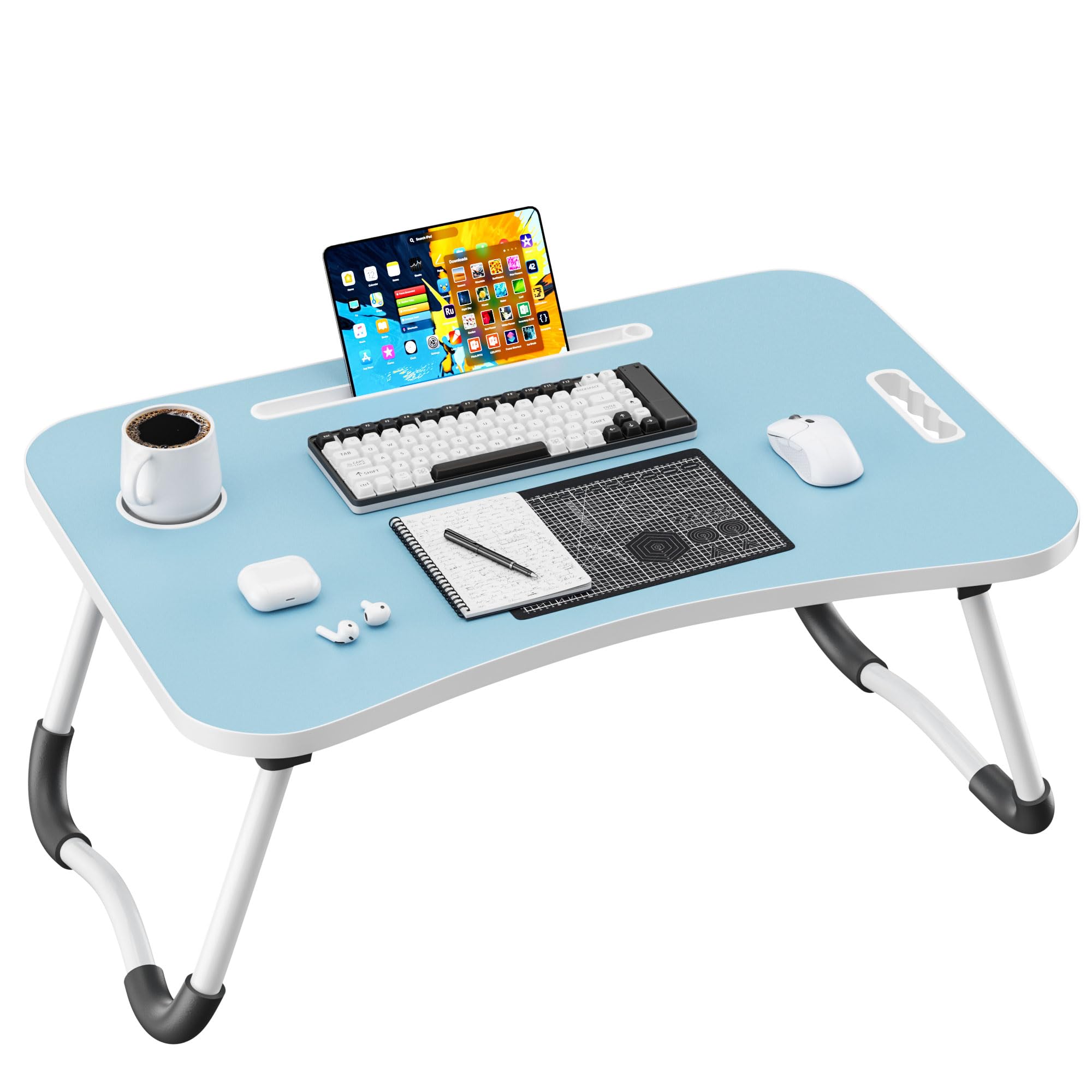 Folding Lap Desk, 23.6 Inch Wood Laptop Bed Desk with Cup Holder, Portable Bed Table for Working Writing Reading &amp; Eating for Bed, Sofa, Couch, Floor - Blue