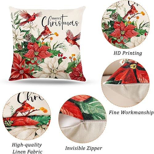Miniatura 6 de Juego de 4 fundas de almohada con diseño de bayas cardenales, color rojo con texto en inglés "Merry Christmas", "Family is Everything", para sofá,