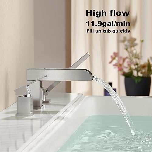 Miniatura 2 de Grifo de bañera de montaje en cubierta de alto flujo con rociador de níquel cepillado cascada grifos de latón con ducha de mano