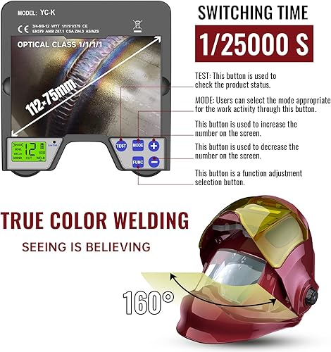 Miniatura 4 de Casco de soldadura con oscurecimiento automático abatible con pantalla panorámica grande de 180, vista lateral, color real, clase óptica más alta