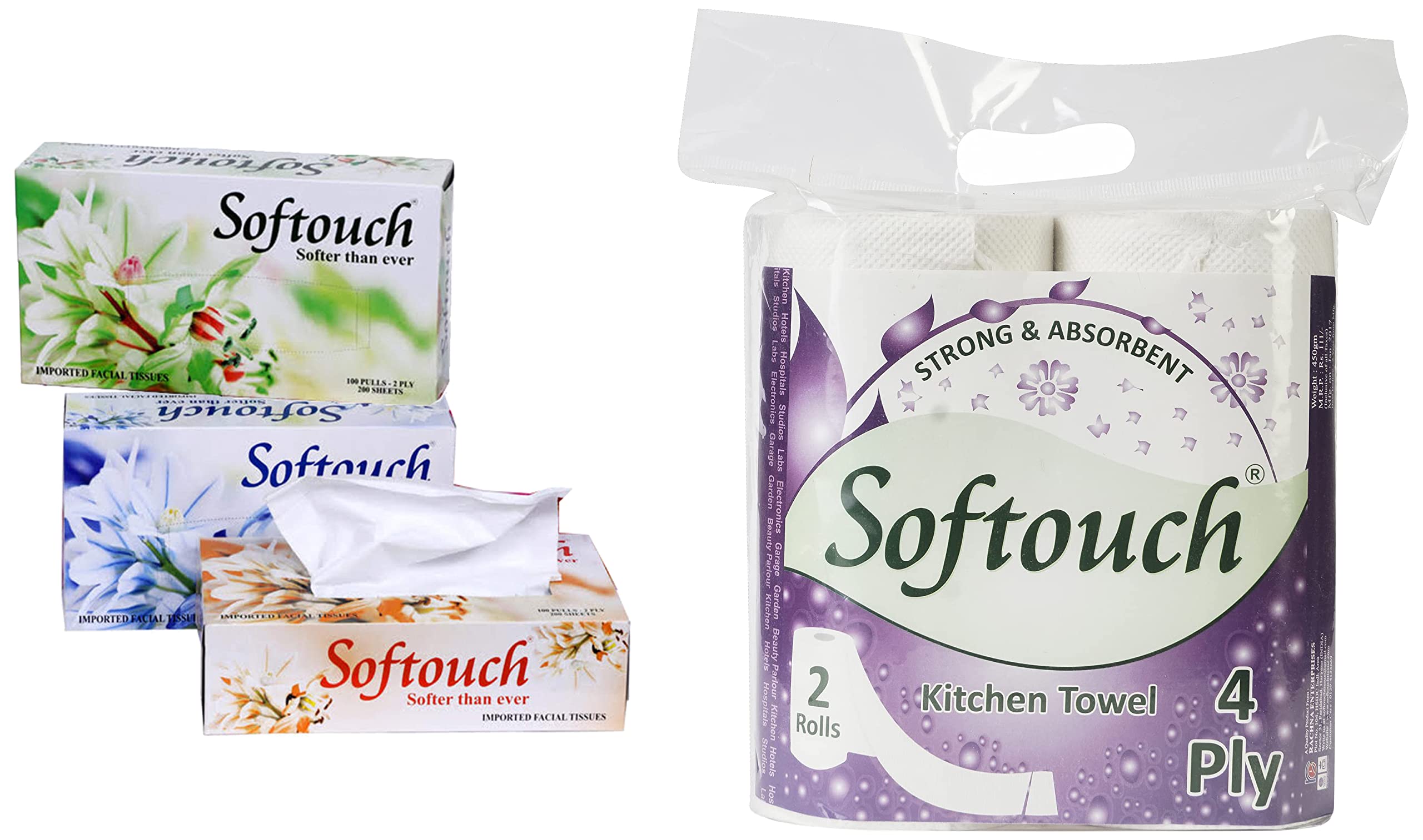 SofTouch 2 Ply Face tissue paper 100 pulls 200 sheets Each Box- Set of 3 (Multicolor) & Softouch 4 Ply Kitchen Tissue/Towel Paper Roll - 2 Rolls