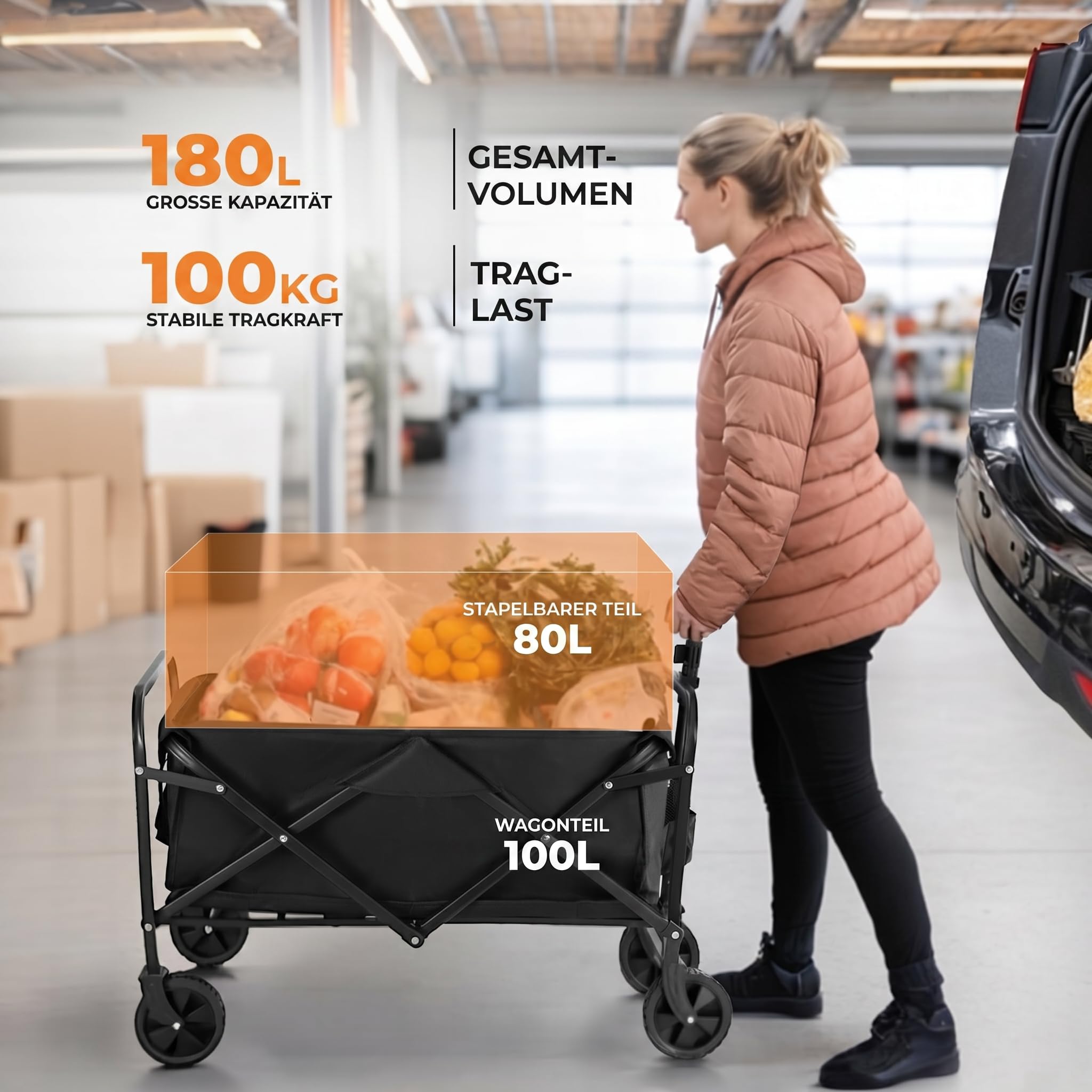 PASAMIC Carrello pieghevole 100L100kg, carrello pieghevole e robusto, con ruote per tutti i terreni e portabicchieri, leggero per il trasporto di cane, shopping, spiaggia, campeggio, nero
