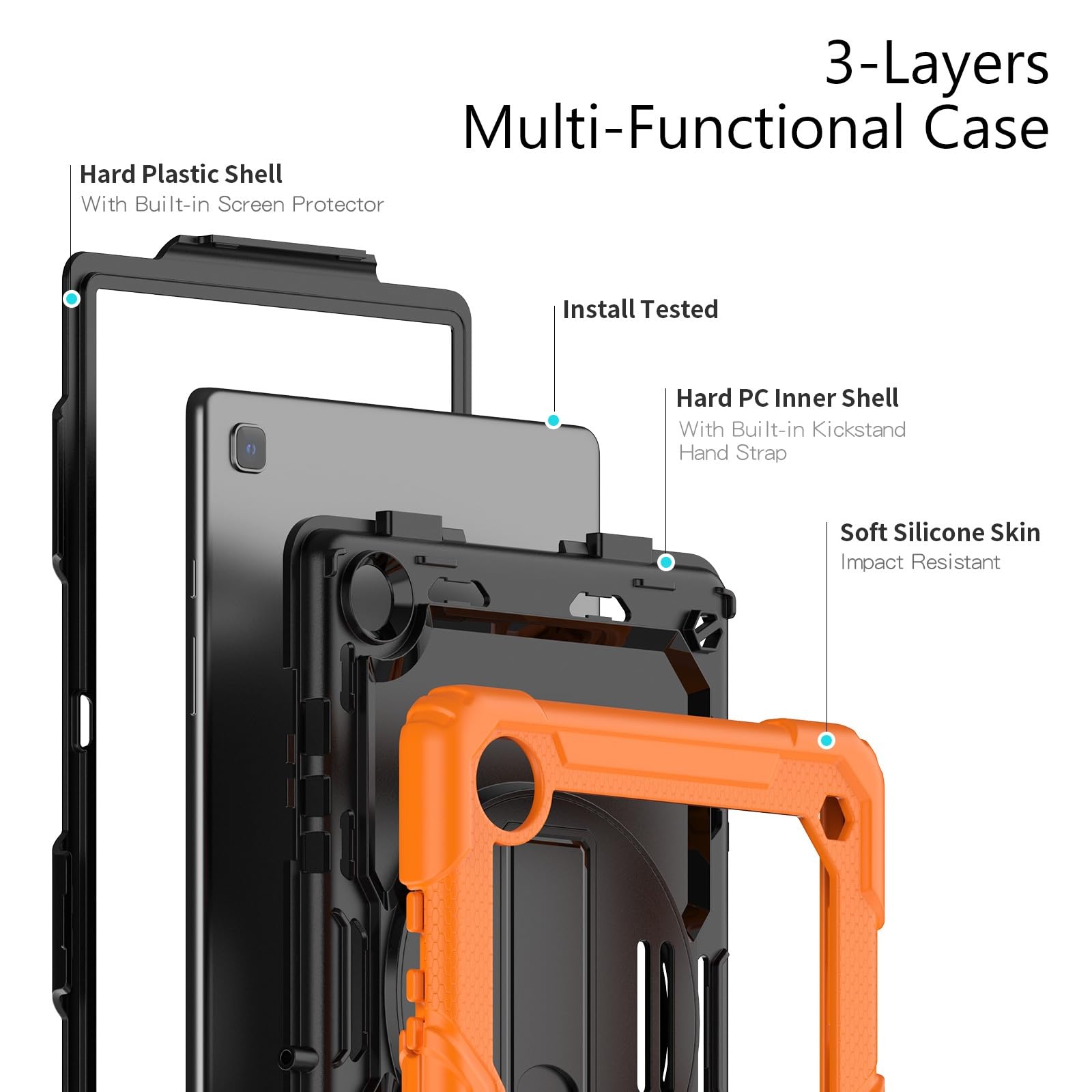Kompatybilny z Samsung Galaxy Tab A7 10,4 cala SM-T500/T505 (2020) Etui folią ochronną ekranu, [podpórka] [pasek na ramię] Odporna wstrząsy wytrzymała obudowa 360° obrotowy pasek rękę i ramię(Orange)