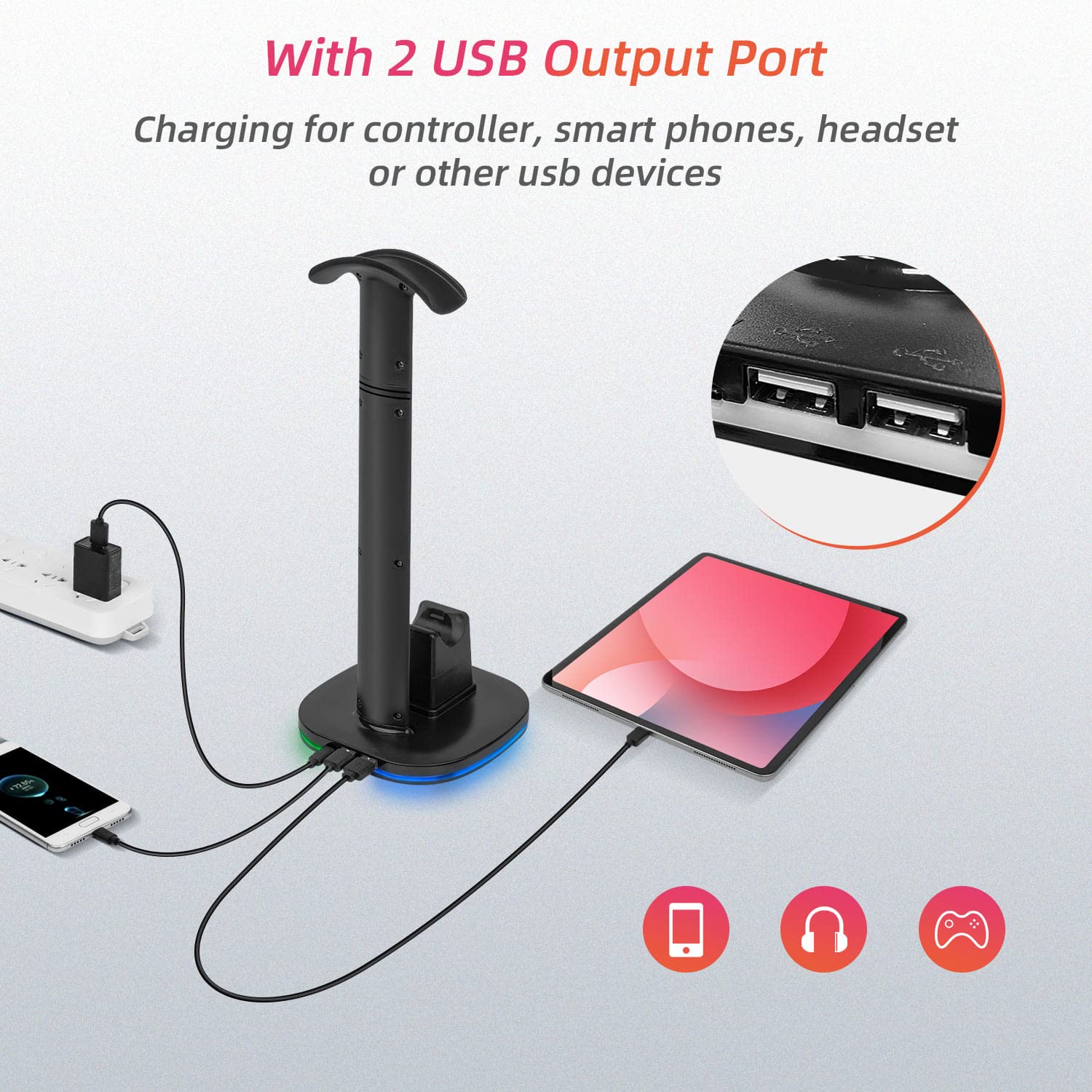 Stojak na słuchawki do kontrolera PS5, uchwyt na słuchawki RGB do kontrolera DualSense PS5 & Edge, z 2 portami USB - czarny
