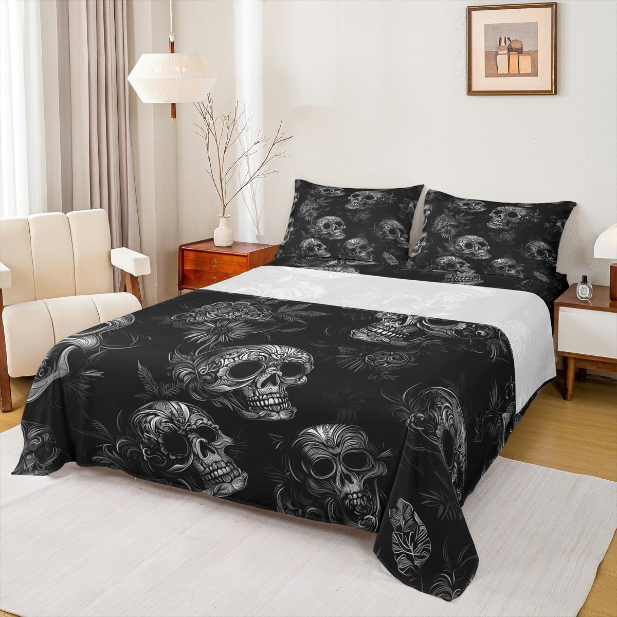 Homewish Juego de sábanas de calavera gótica, juego de ropa de cama doble con diseño de calavera de rosa, decoración gótica de Halloween, sábanas de decoración de habitación espeluznante, juego de