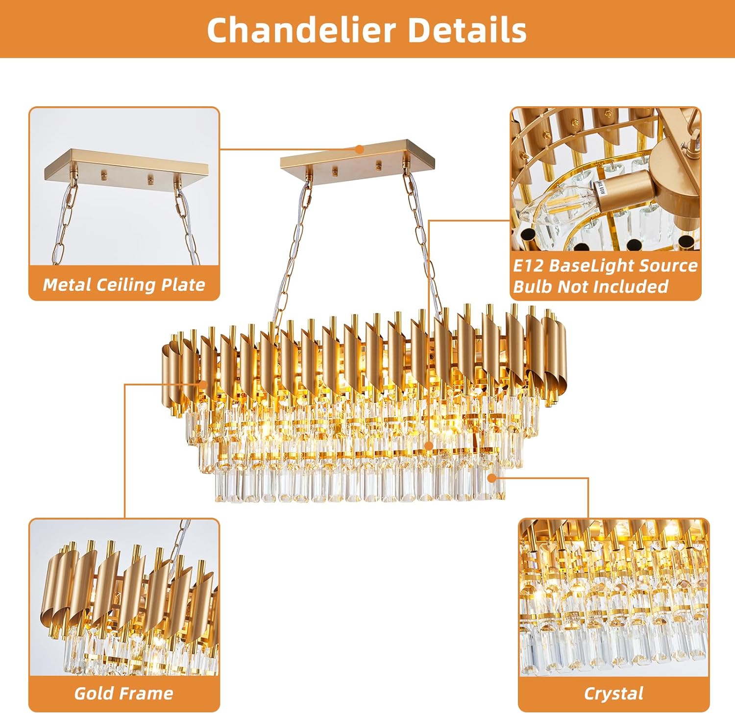 Modern Rectangular Chandelier Gold Crystal Chandeliers for Dining Room, 10-Light Pendant Light Fixture Oval Contemporary Ceiling Hanging Light for Kitchen