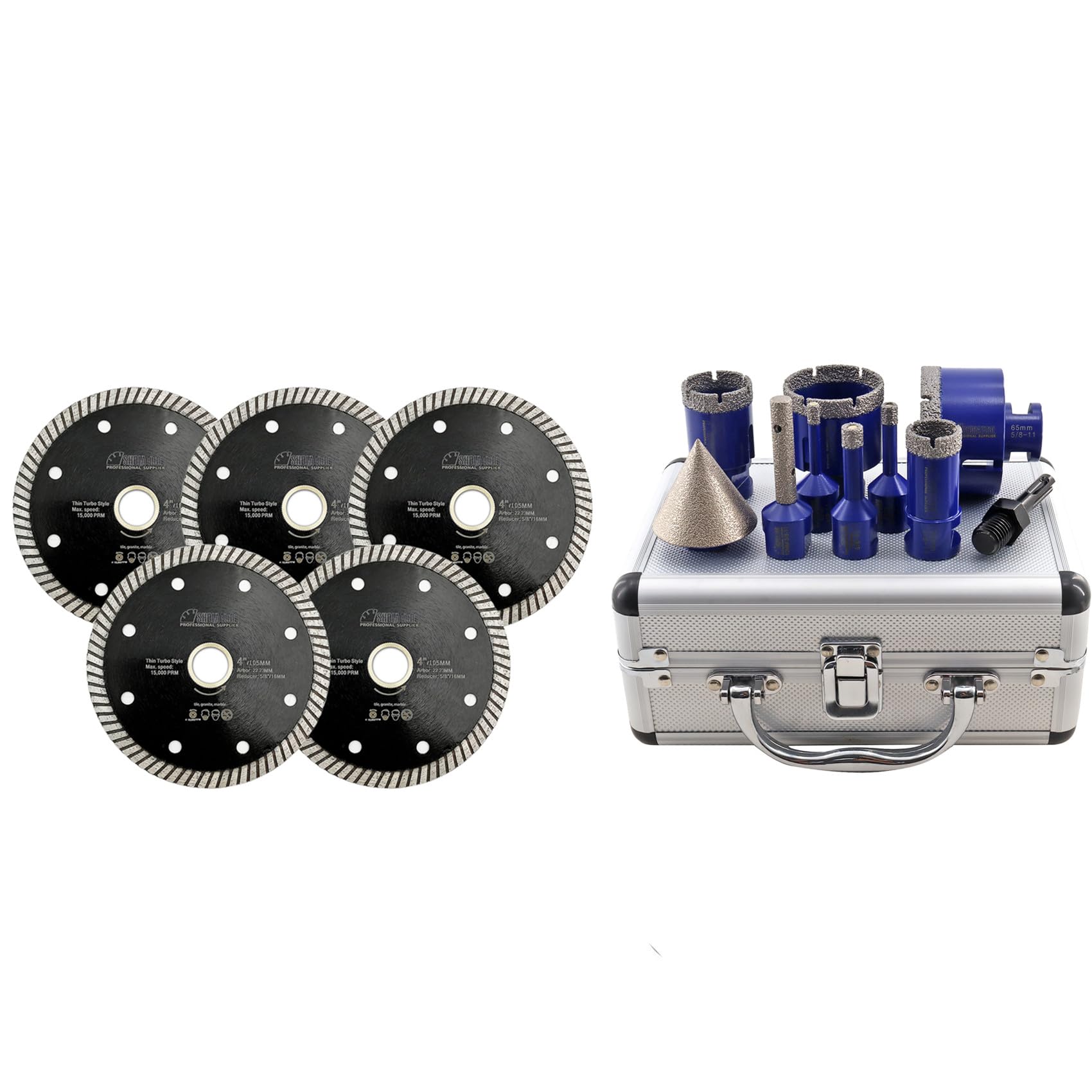 SHDIATOOL Super Thin Diamond Turbo Cutting Blade 4-Inch and Drilling Core Bits Set Chamfer Bits for Porcelain Tile Marble Ceramic